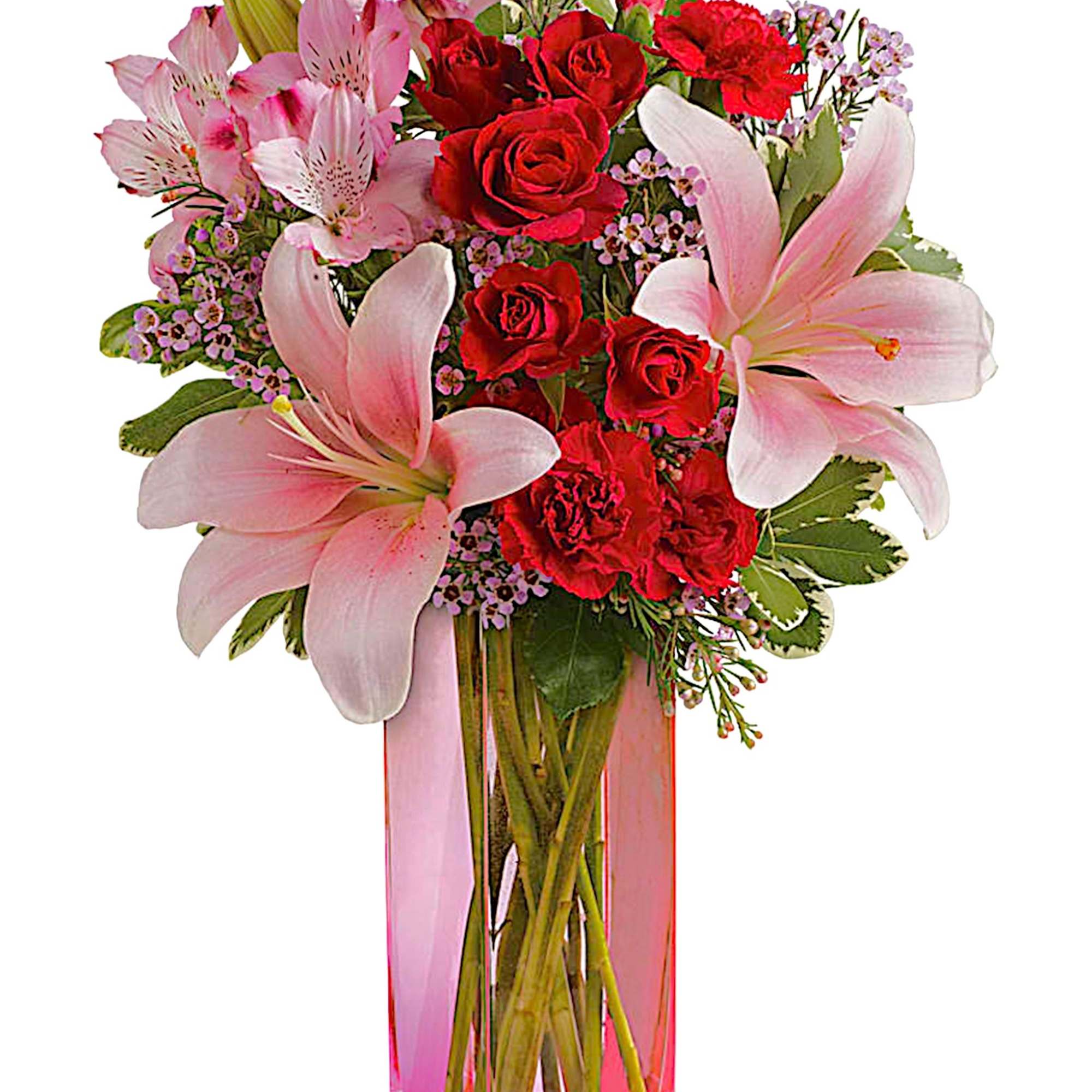 Make it a special day! This passionate bouquet of lovely lilies and