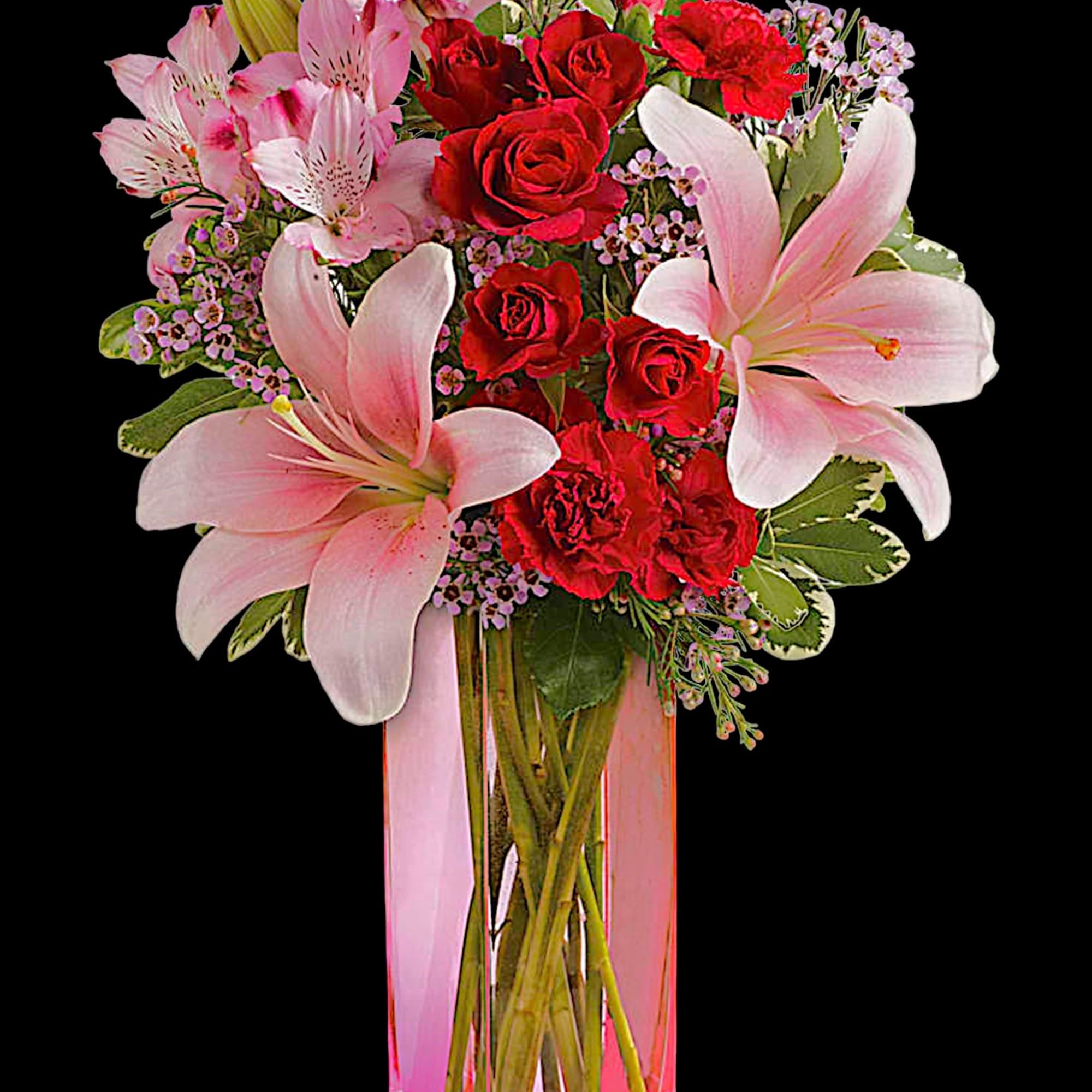 Make it a special day! This passionate bouquet of lovely lilies and