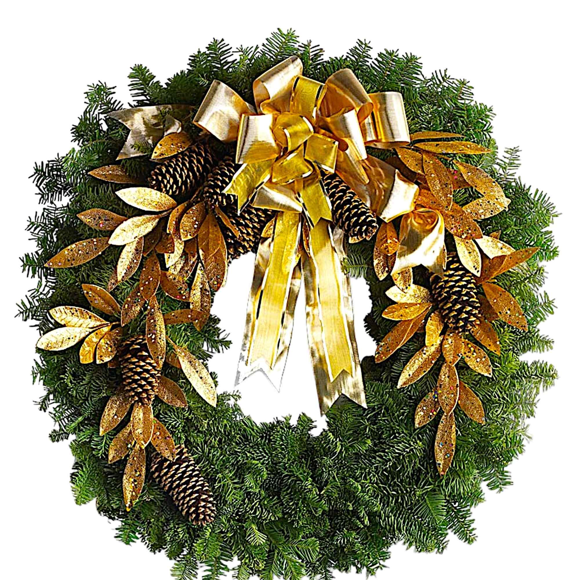 The holidays get glamorous! Golden leaves and a luxurious gold organza ribbon