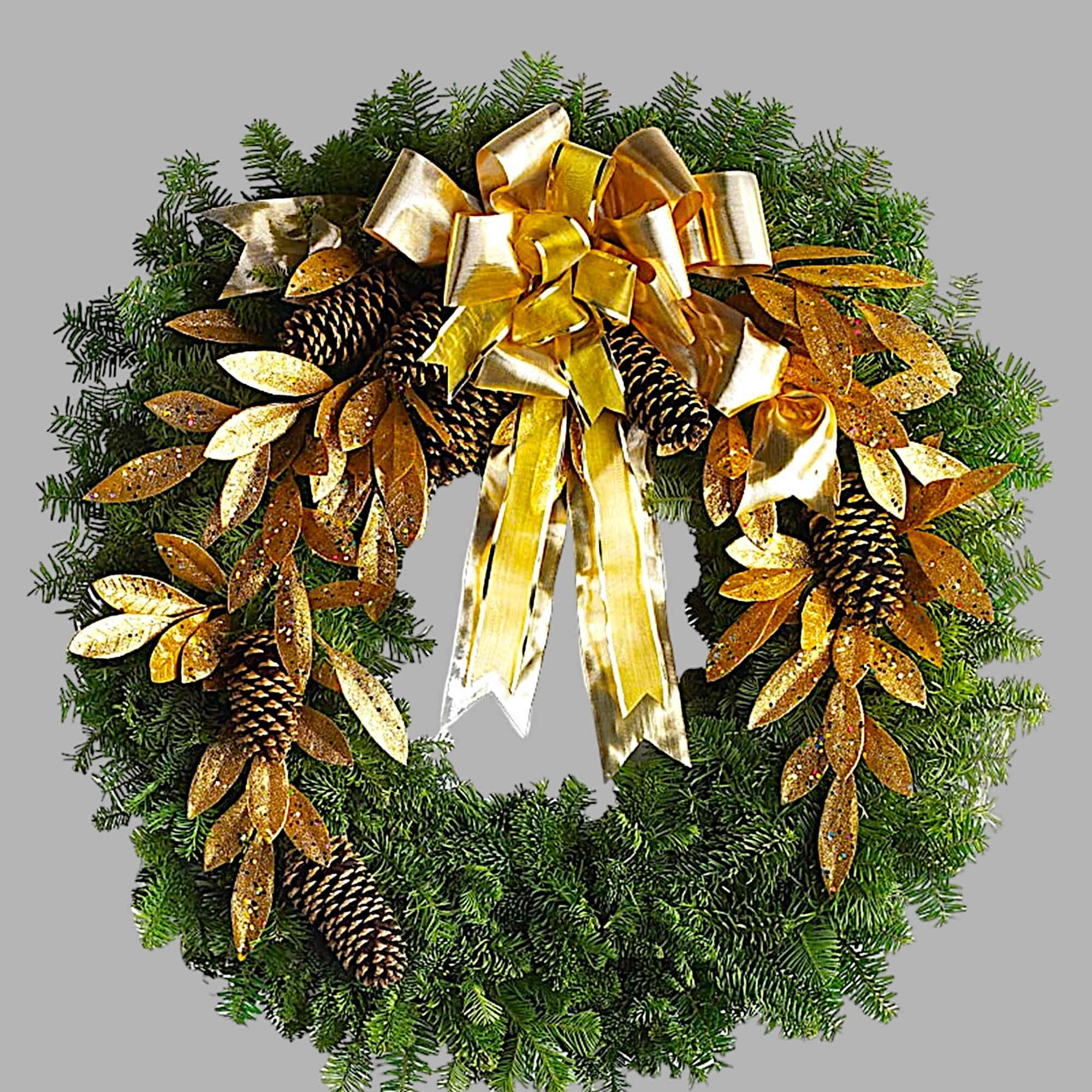 The holidays get glamorous! Golden leaves and a luxurious gold organza ribbon
