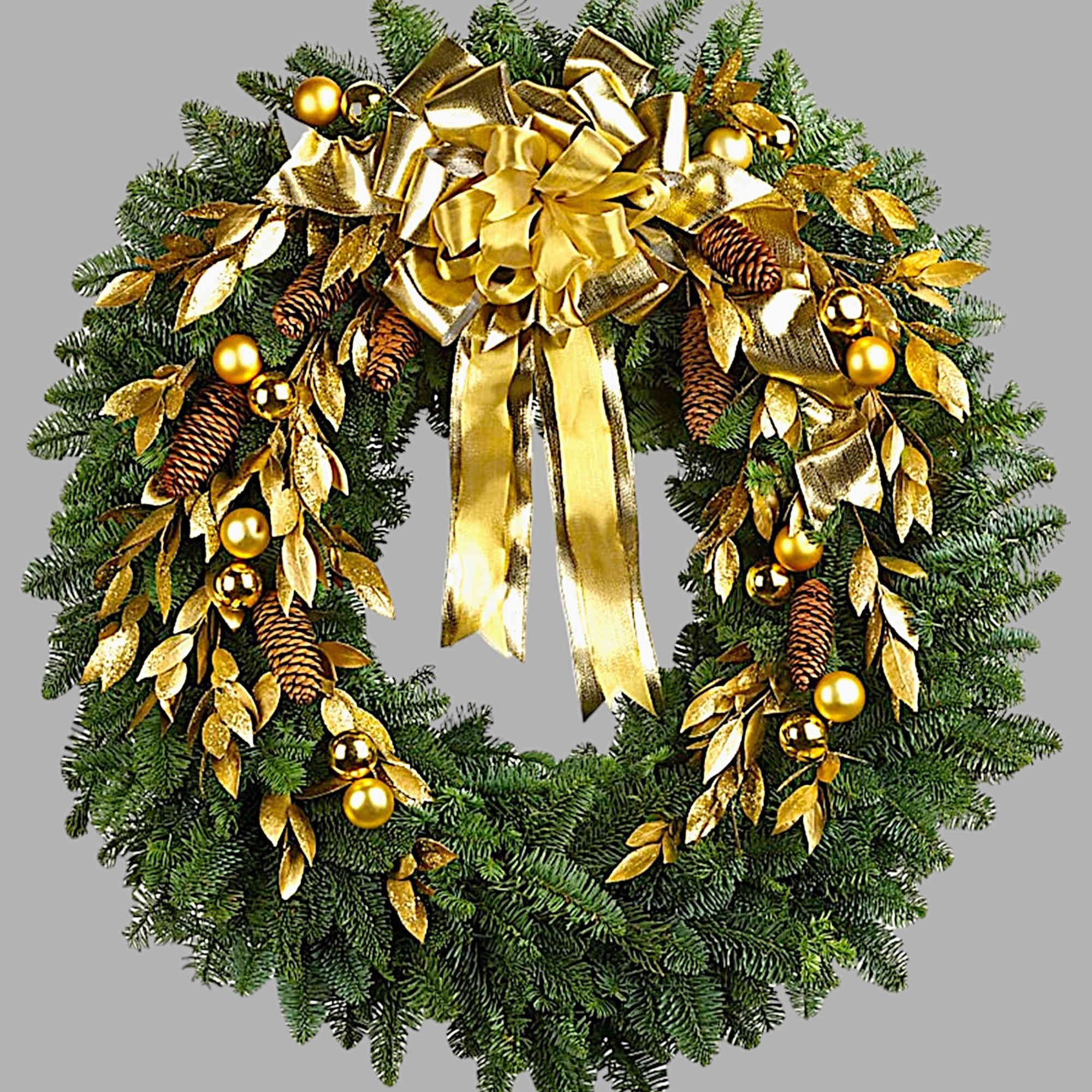The holidays get glamorous! Golden leaves and a luxurious gold organza ribbon