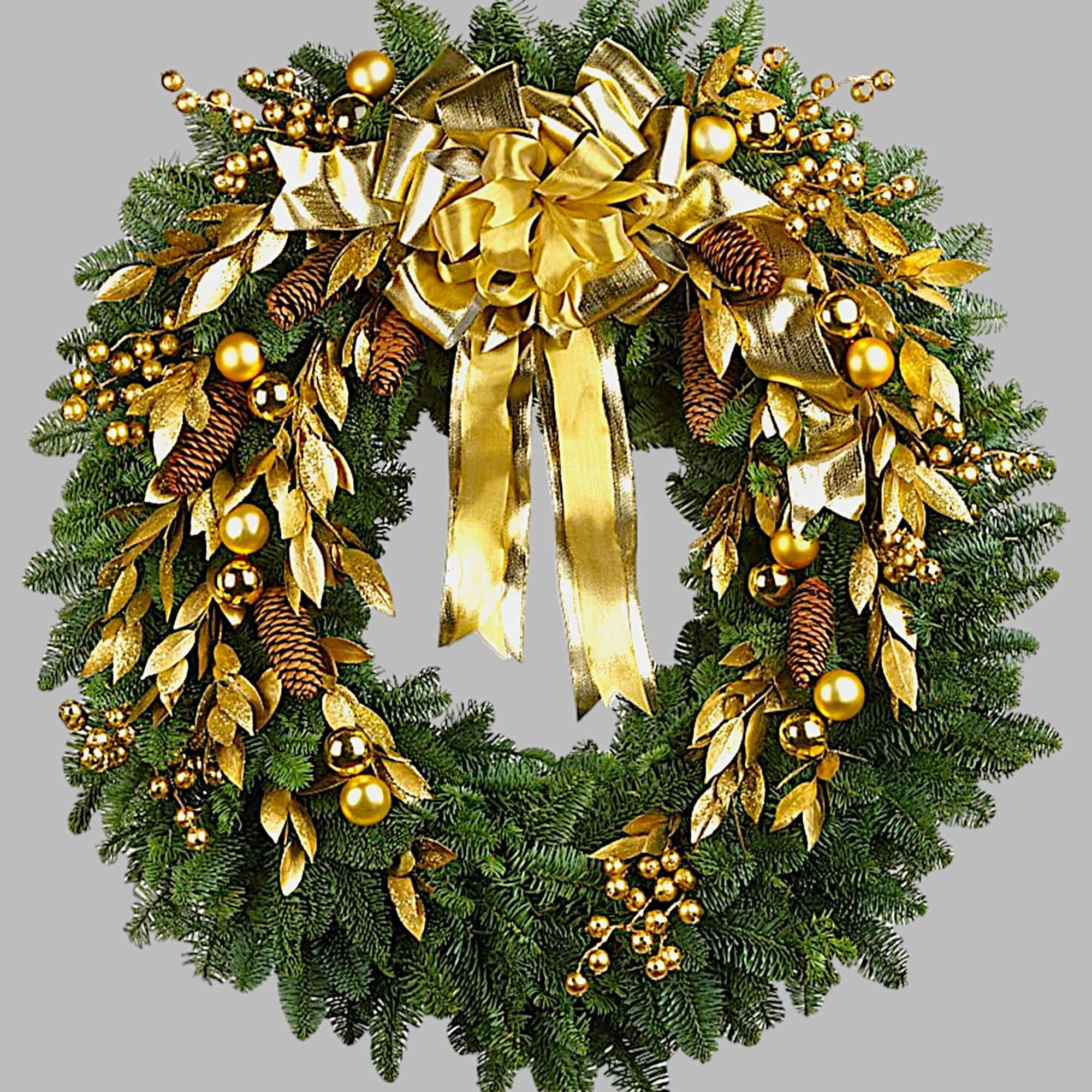 The holidays get glamorous! Golden leaves and a luxurious gold organza ribbon
