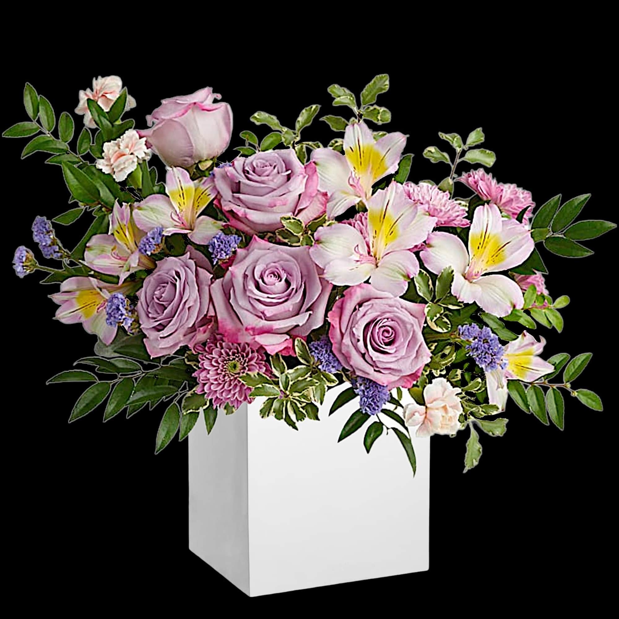 Make spring shimmer with this luxurious lavender arrangement, hand-delivered in a wooden