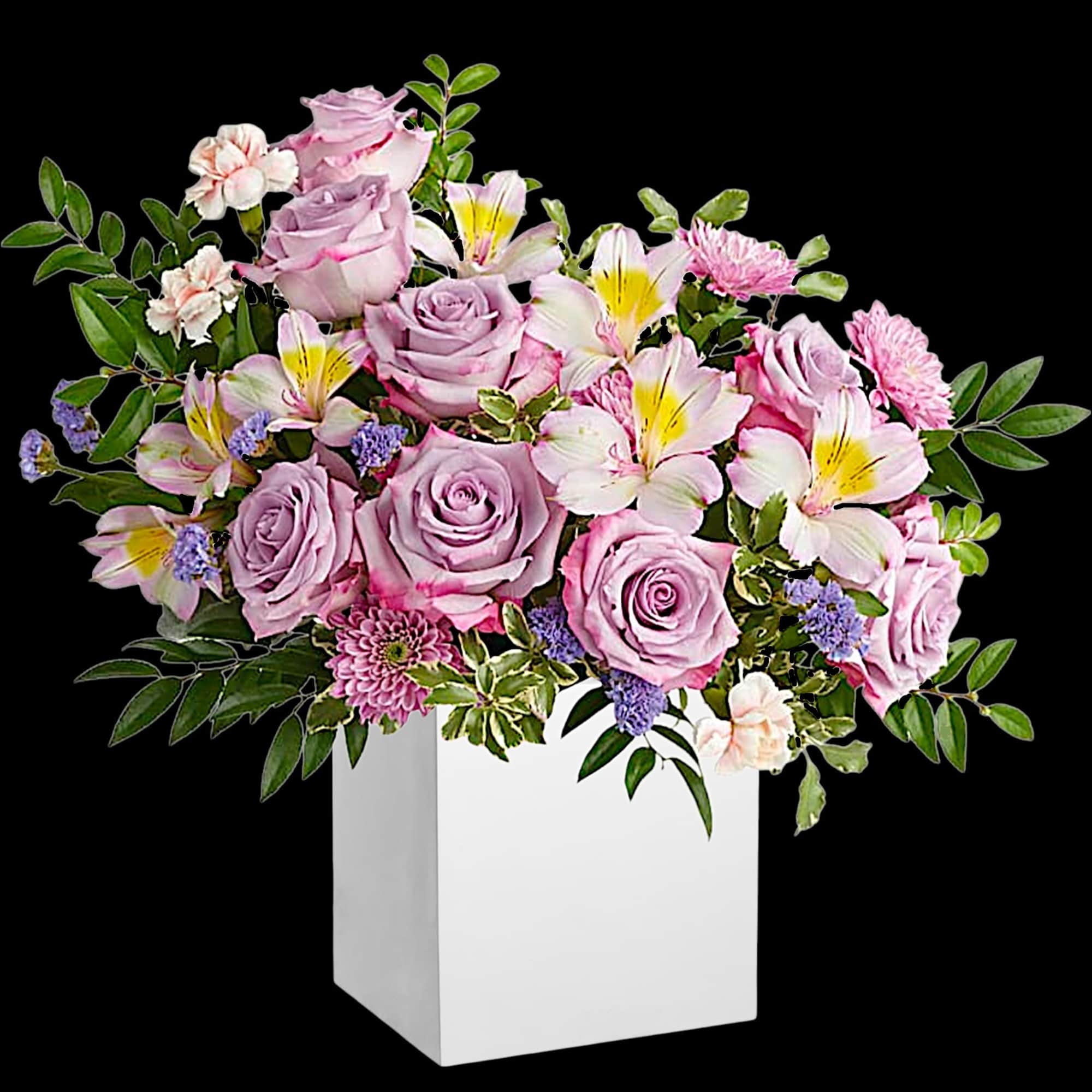 Make spring shimmer with this luxurious lavender arrangement, hand-delivered in a wooden