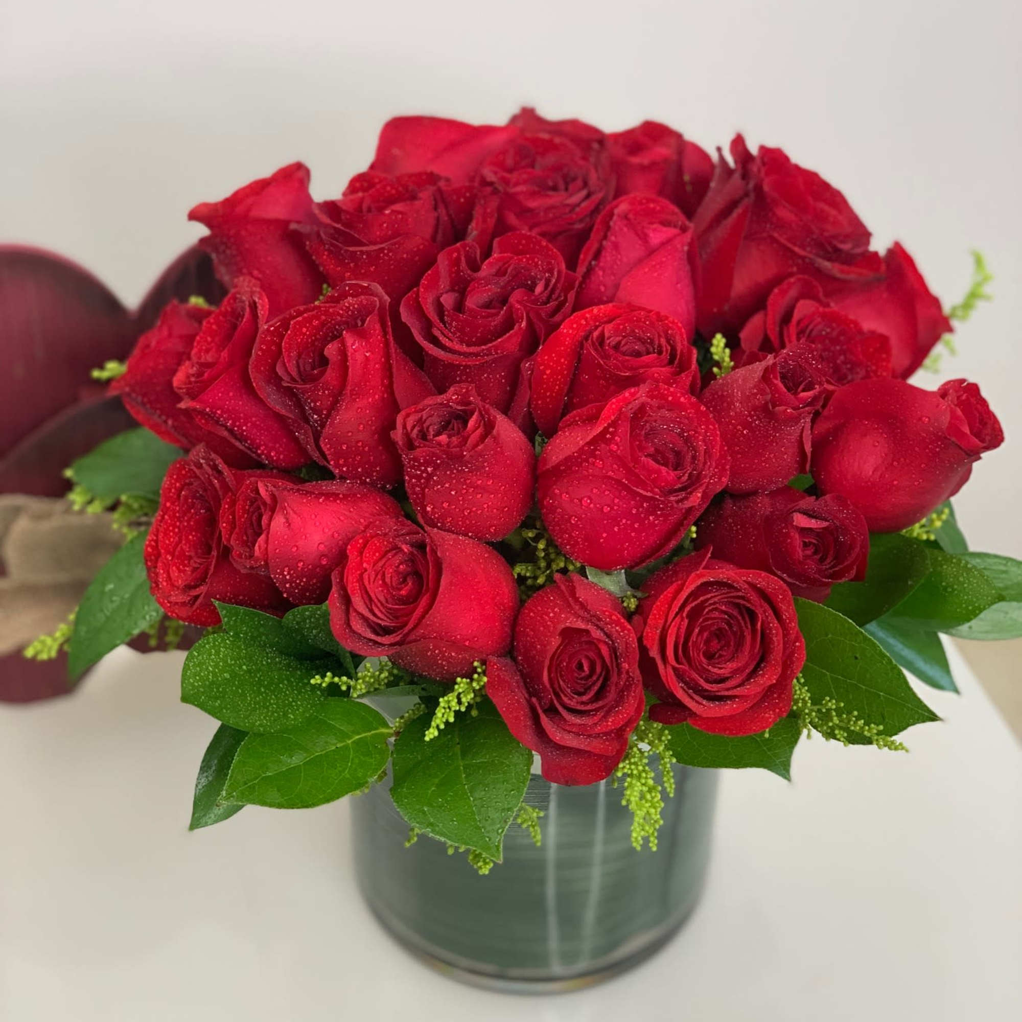 This arrangement is full of quality red roses and very classy looking.