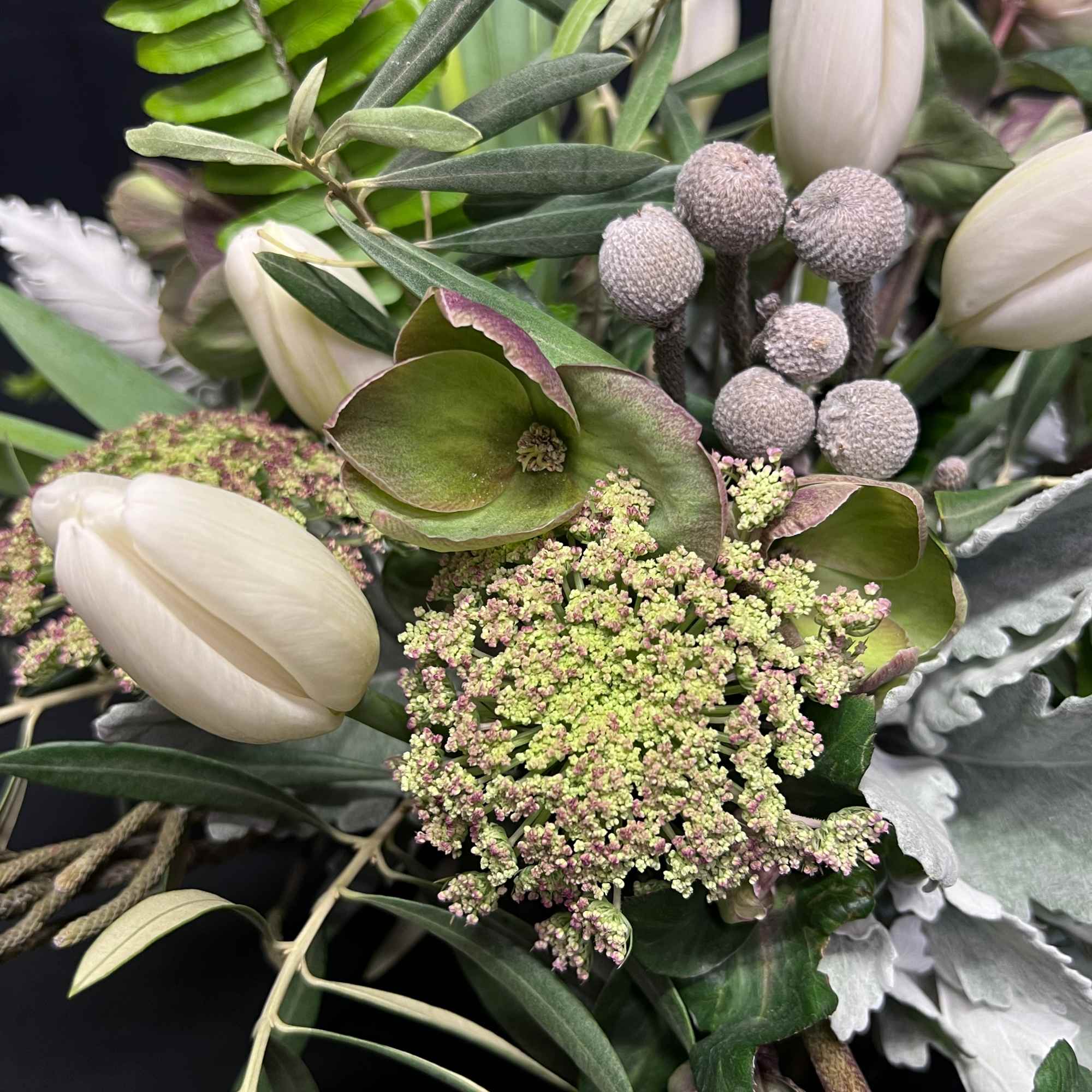 Blue grey and olive tones with white for calming. Round modern centerpiece