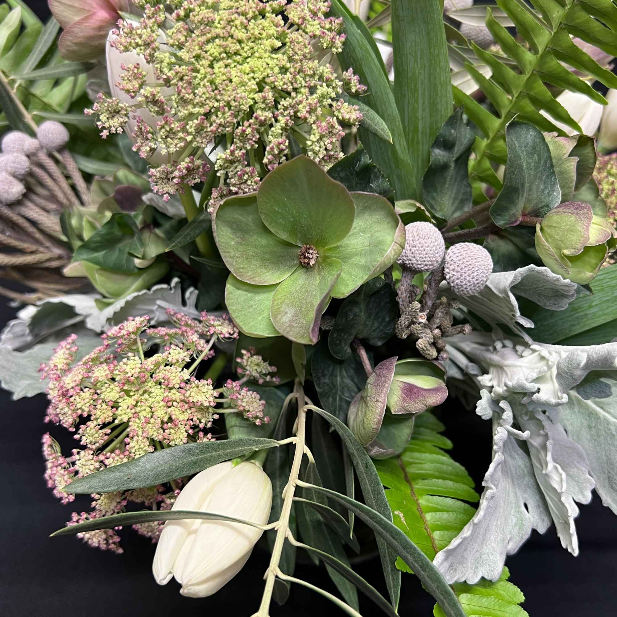 Blue grey and olive tones with white for calming. Round modern centerpiece