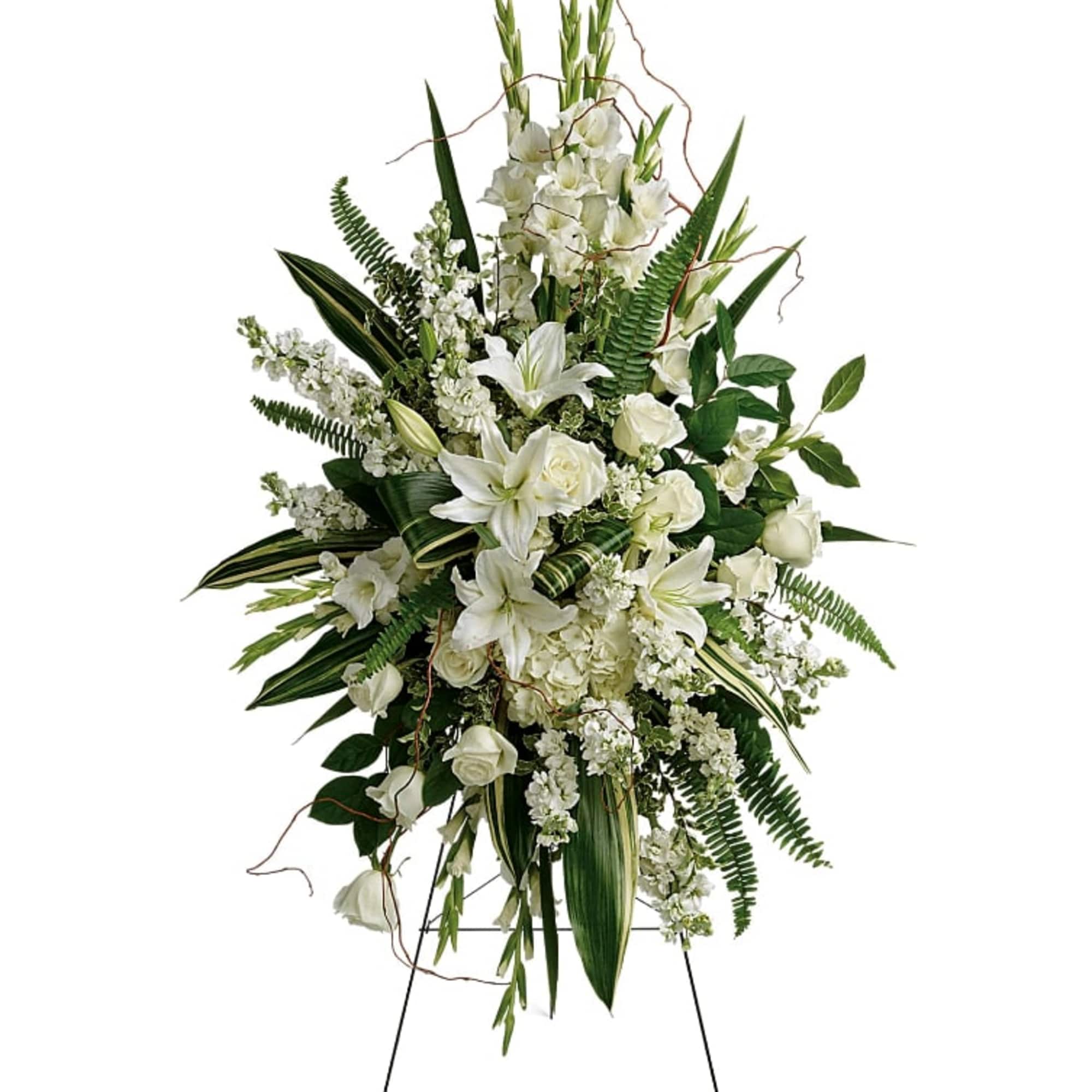 This beautiful spray includes white hydrangea, white roses, white oriental lilies, white
