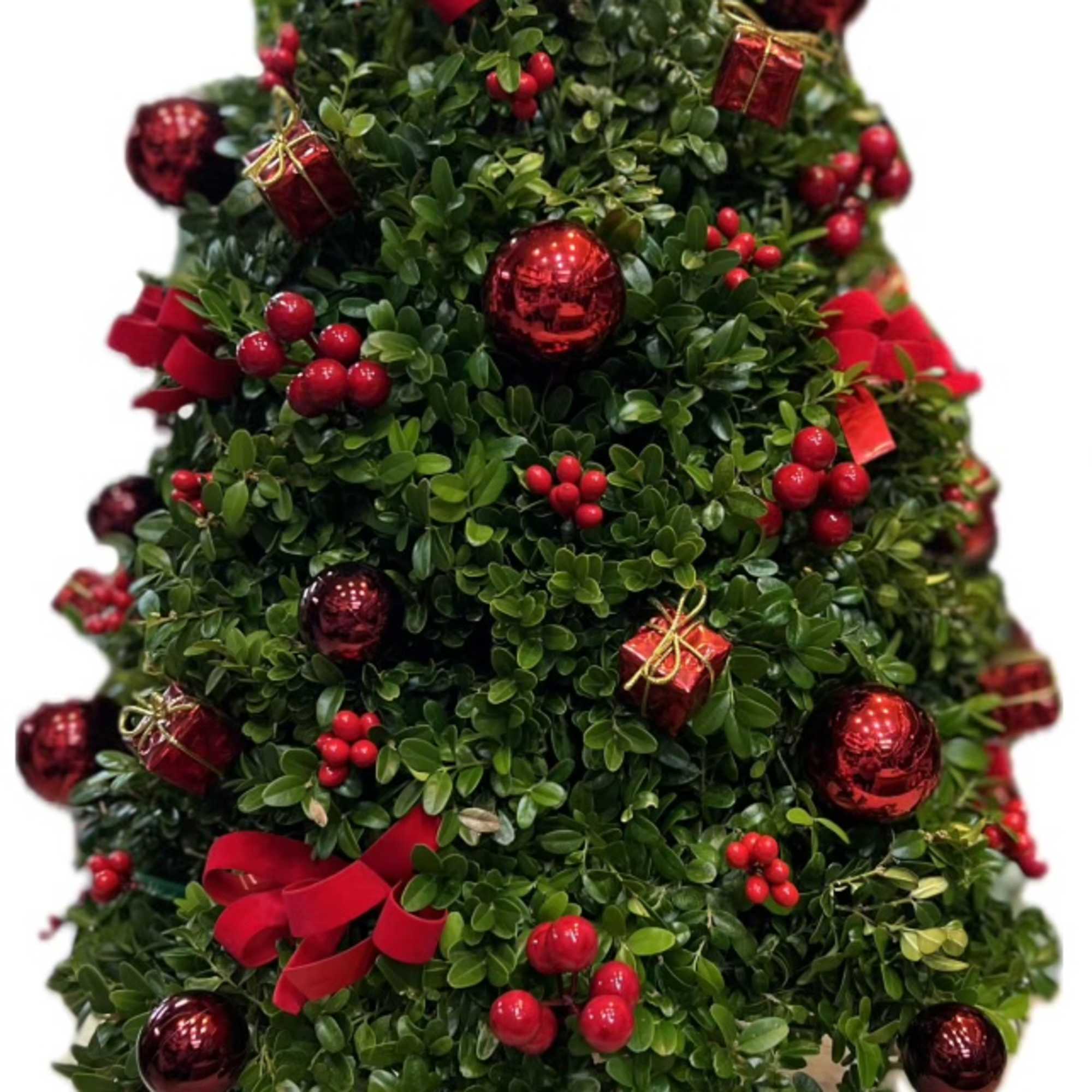 Decorated Christmas tree made of boxwood perfect for table tops.