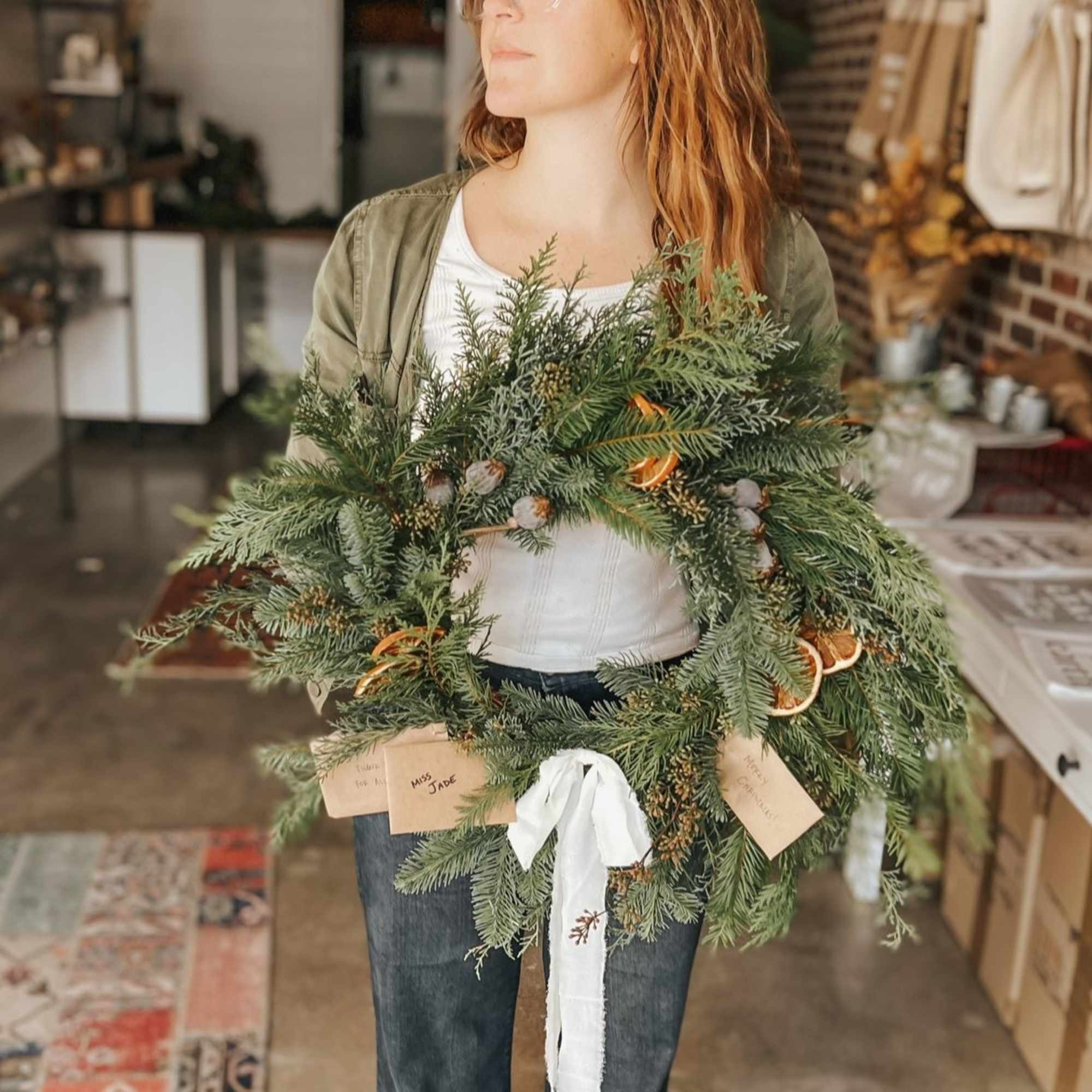 Our winter wreaths feature beautiful seasonal foliage, eucalyptus, dried bits and fruits.