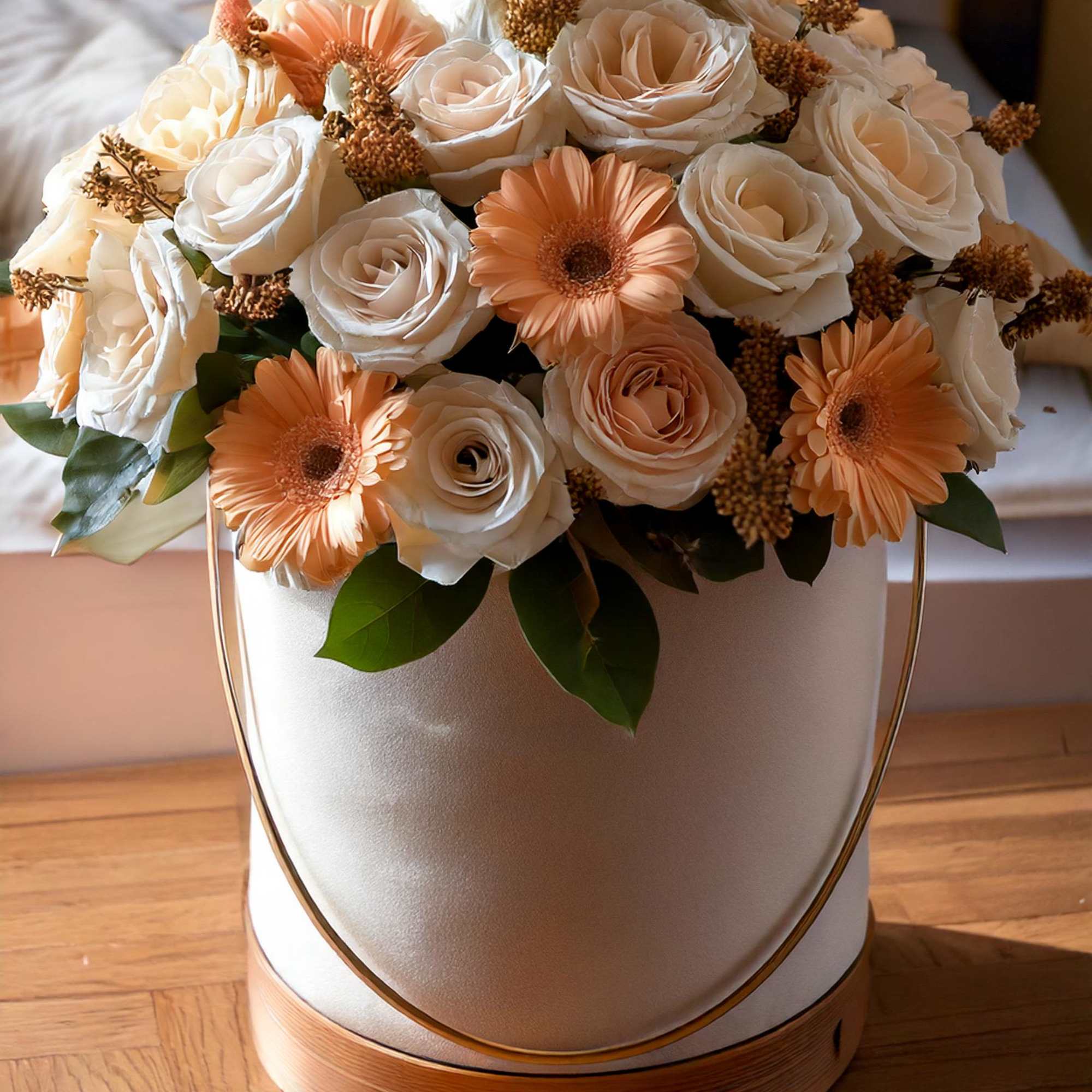 This elegant arrangement, featuring soft ivory roses, peach gerberas, and textured accents