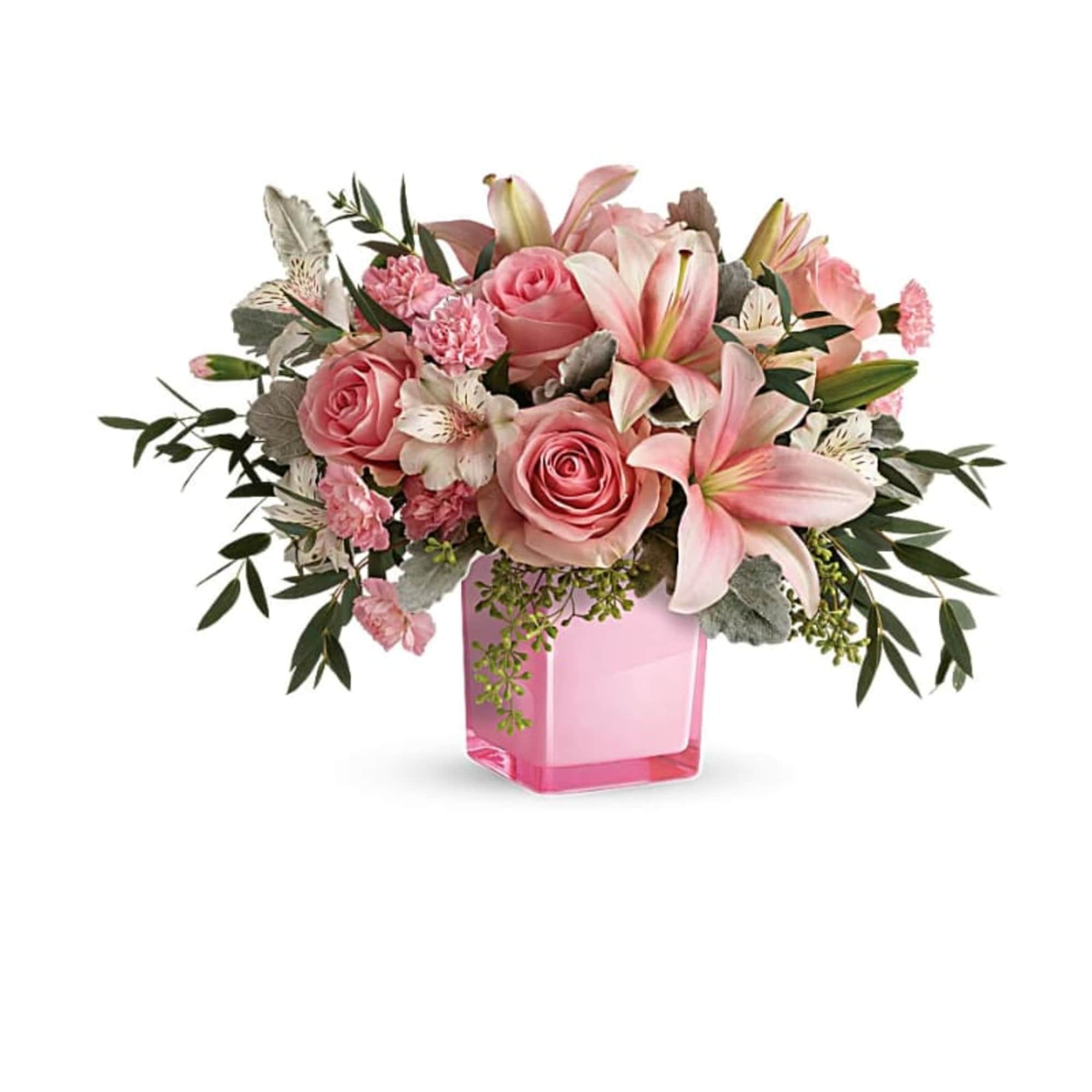 Just fabulous! From its perky pink cube and perfect pink roses, to