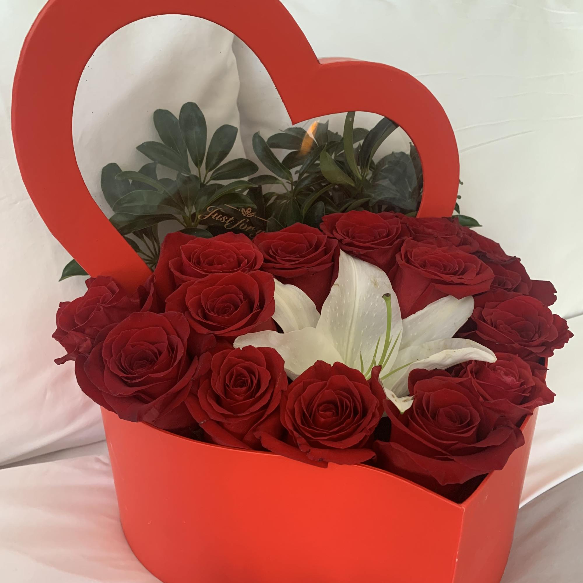 Box of heart shape fill with premium red roses accent with a