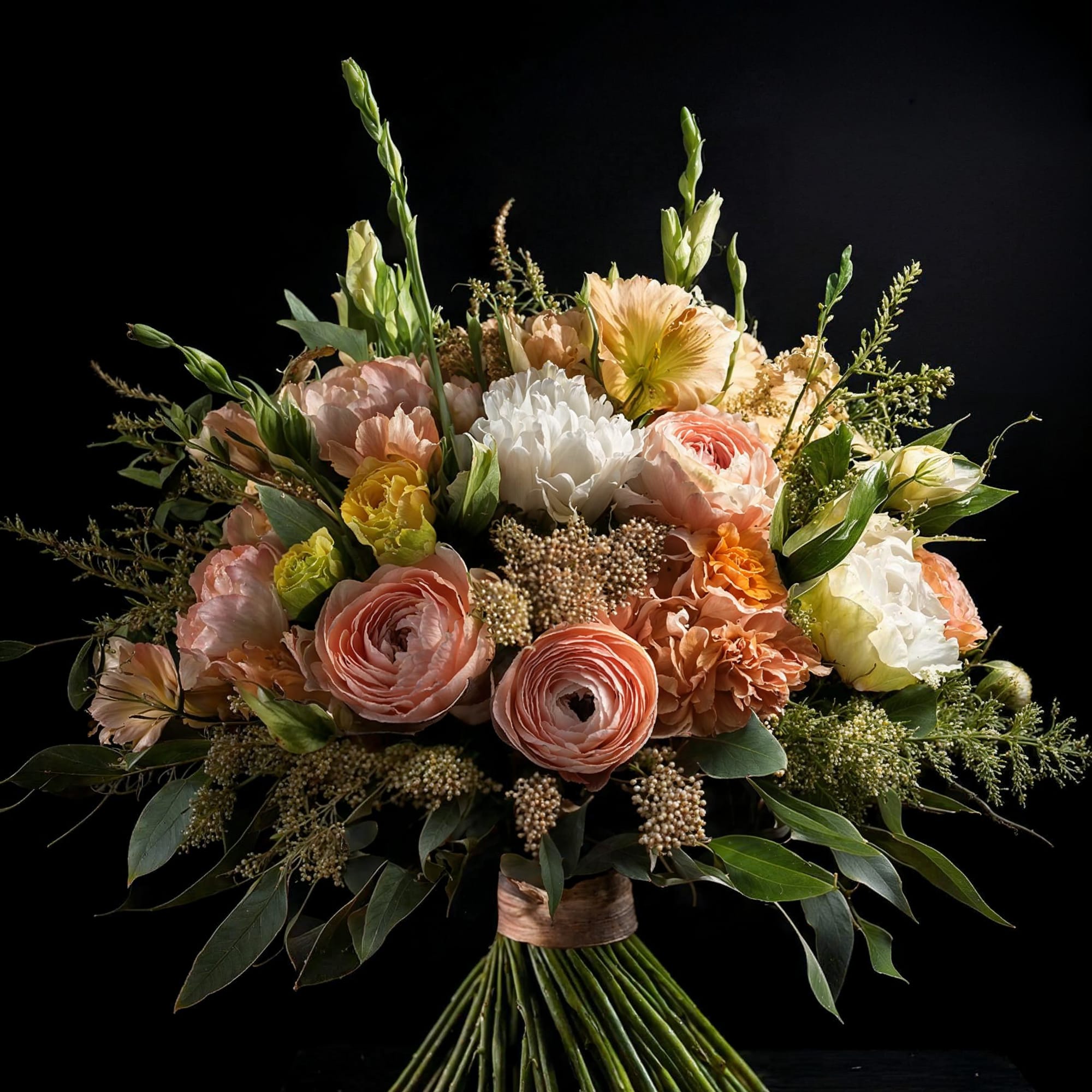 This elegant bouquet features a natural color palette where peach ranunculus blend