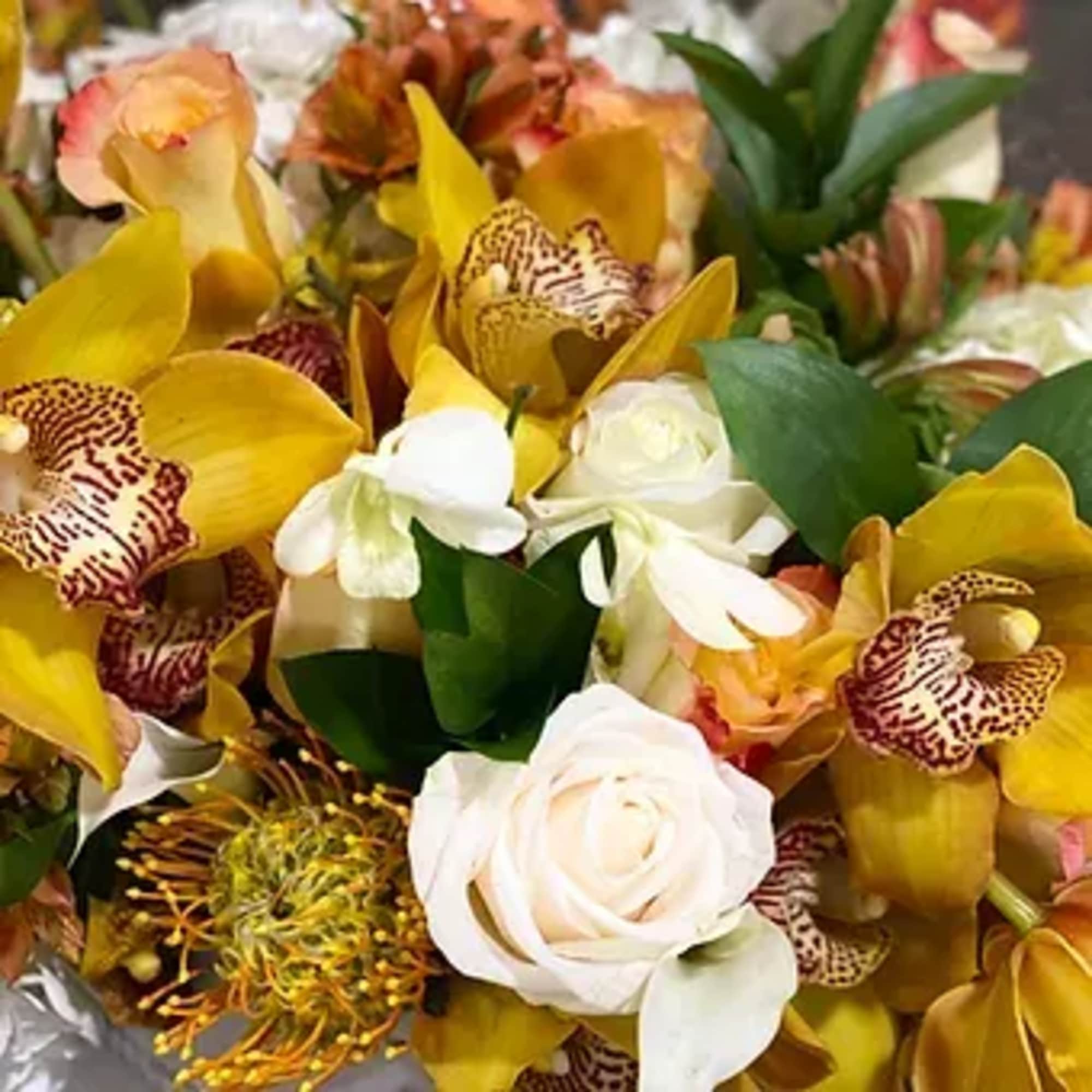 Elegant composition in a box, collected from a variety of flowers and