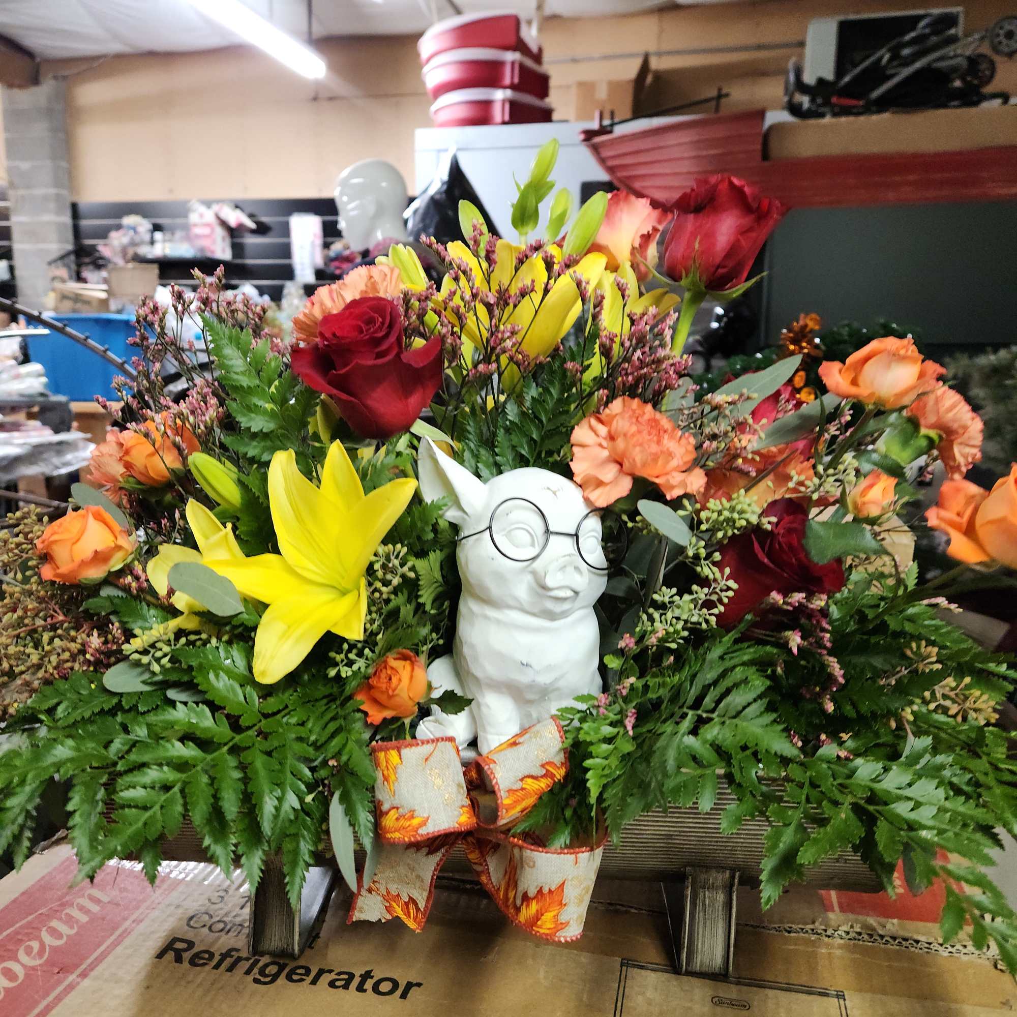 The cutest pig in a feed bunk bouquet