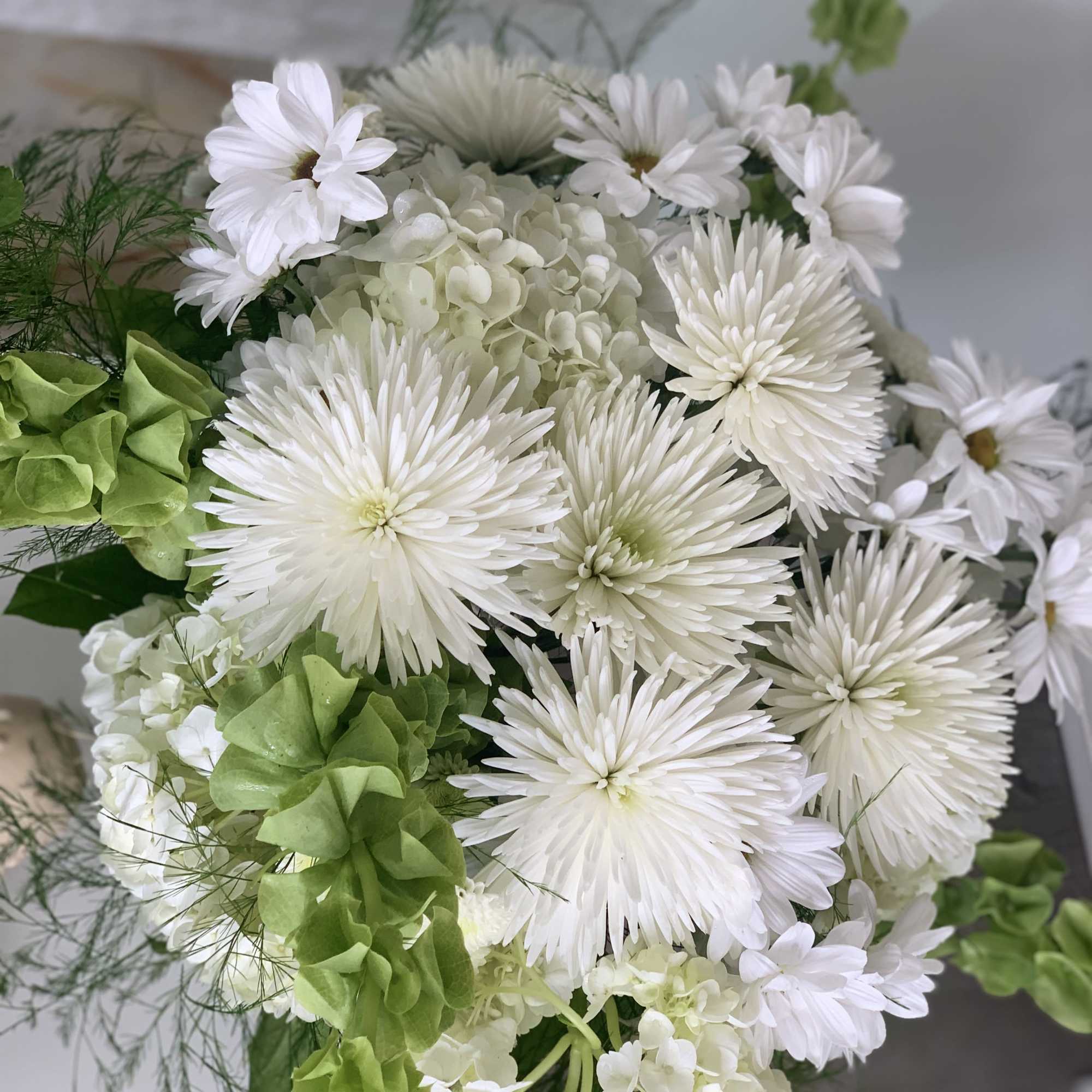 This arrangement is full of variety of daisies and asters with hydrangeas