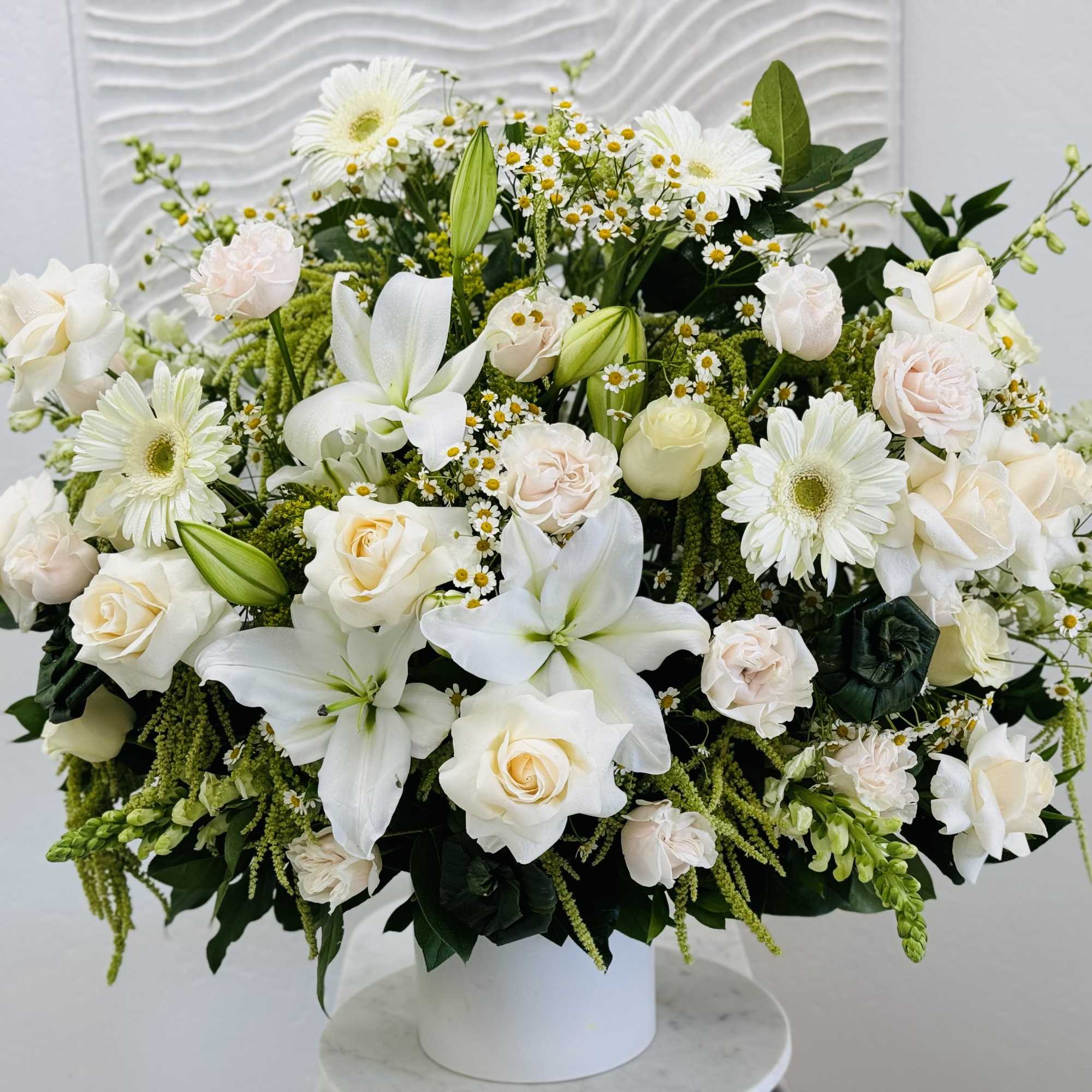 Altar Flower Arrangement White is vibrant, full of texture and fresh flowers