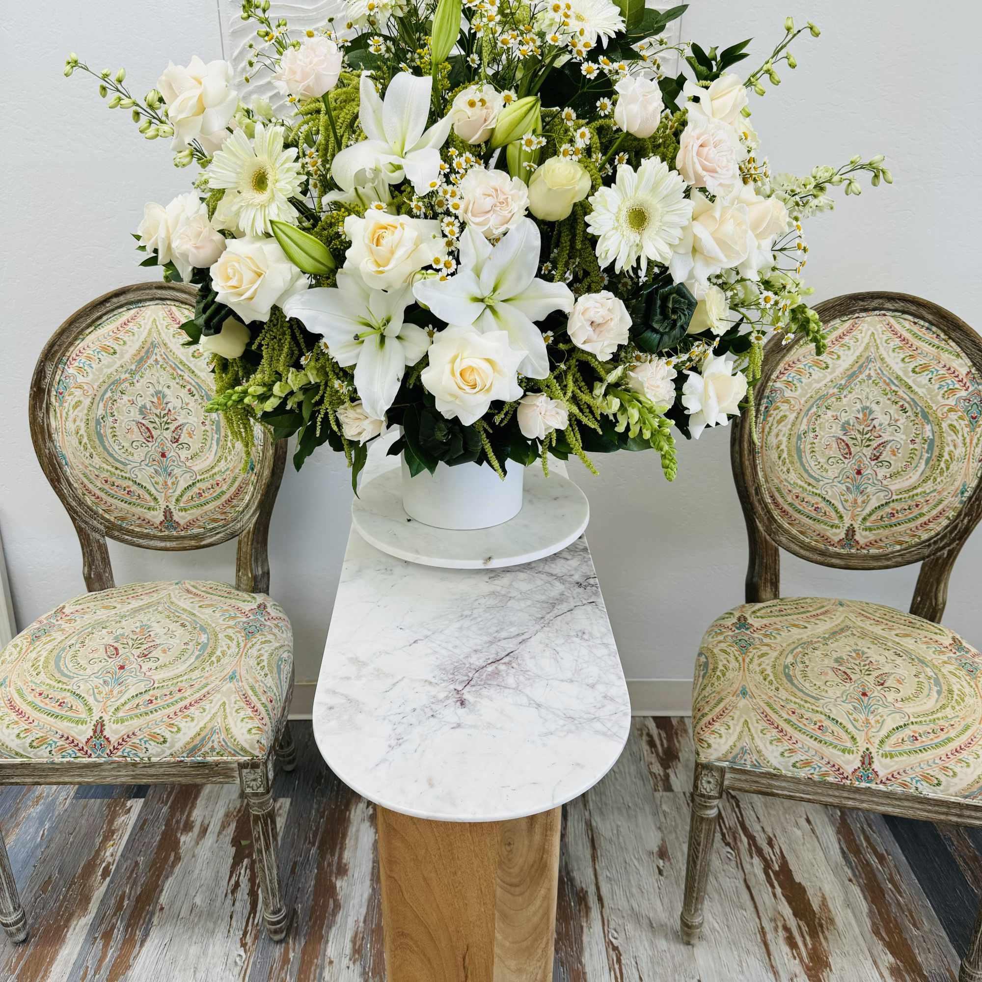 Altar Flower Arrangement White is vibrant, full of texture and fresh flowers