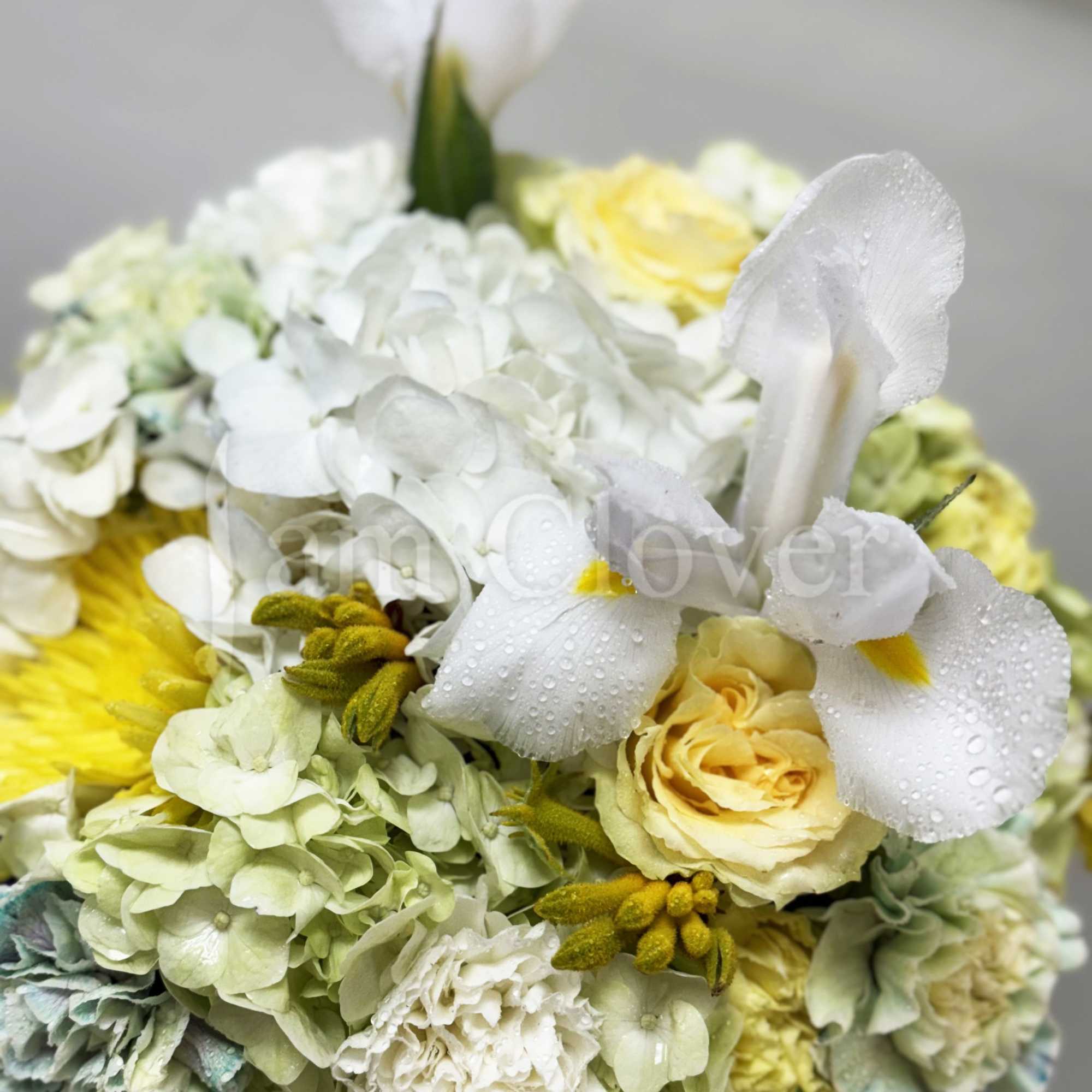 This romantic arrangement has a light European fleur containing blush yellow and
