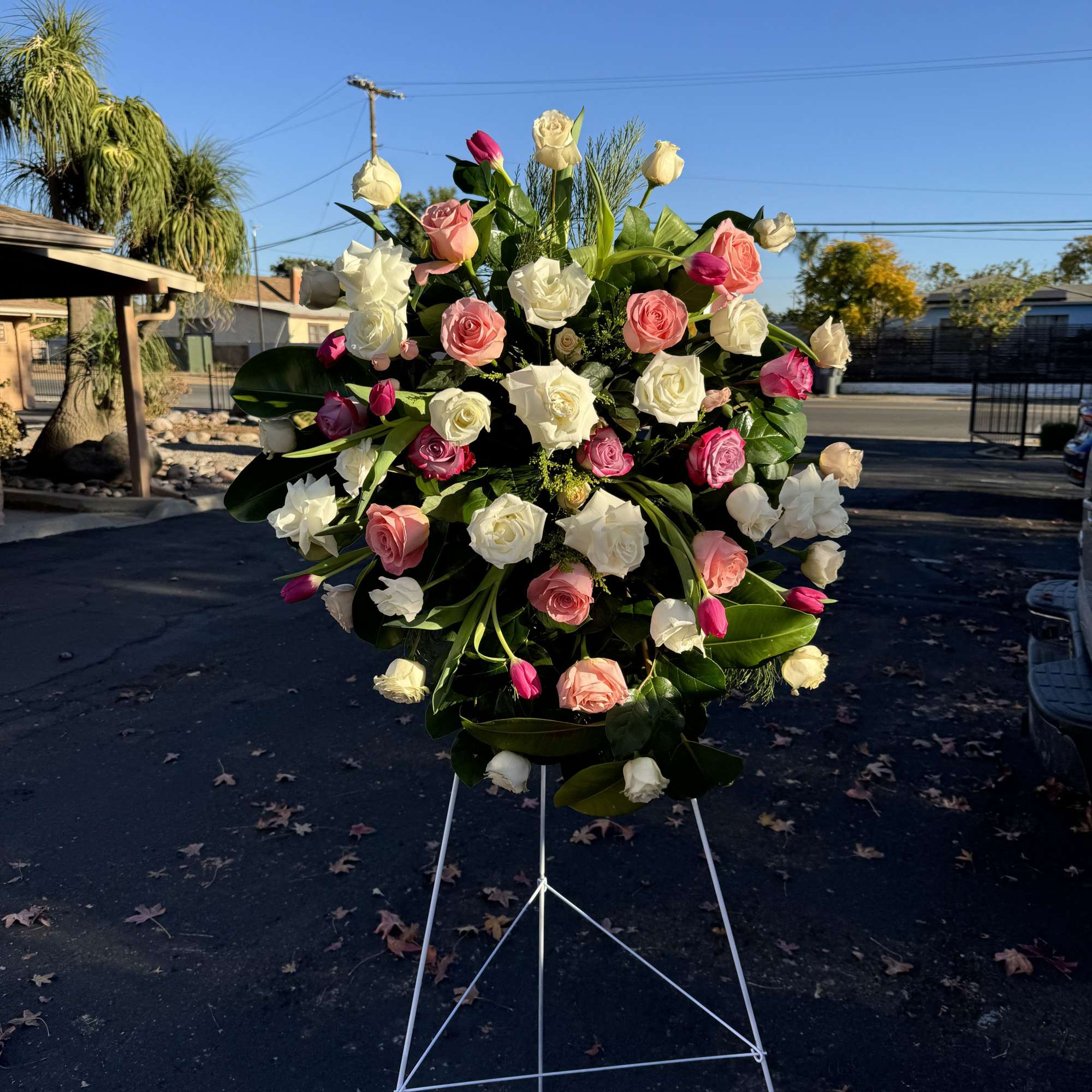  and pink standing spray, lovingly crafted by I am Clover, your