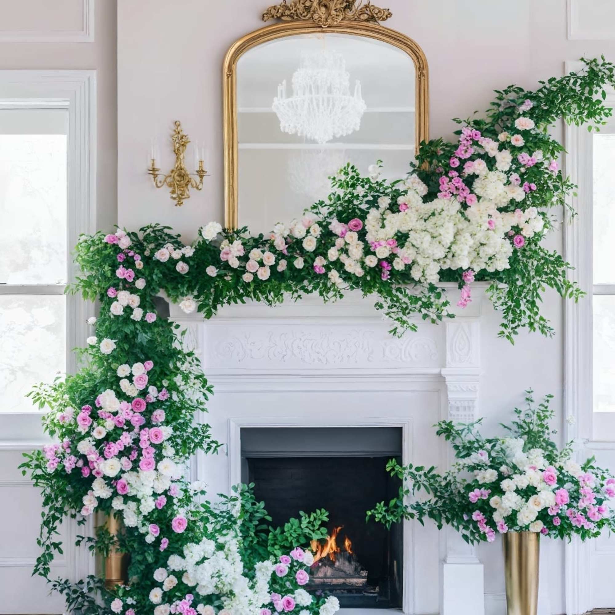 Celebrate your love by framing your vows with a breathtaking floral-decorated fireplace.