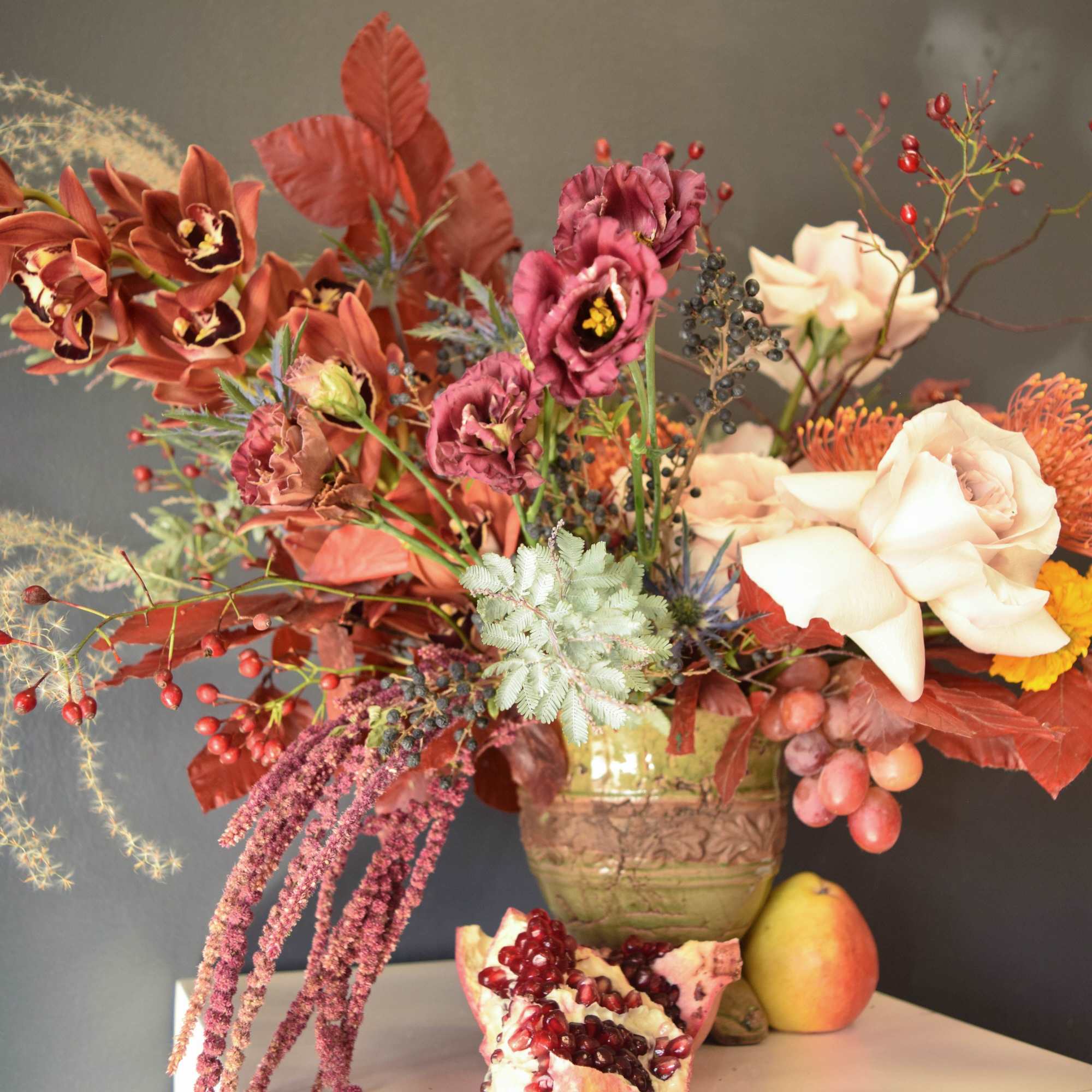 A true showstopper, this large arrangement is brimming with seasonal beauty ready