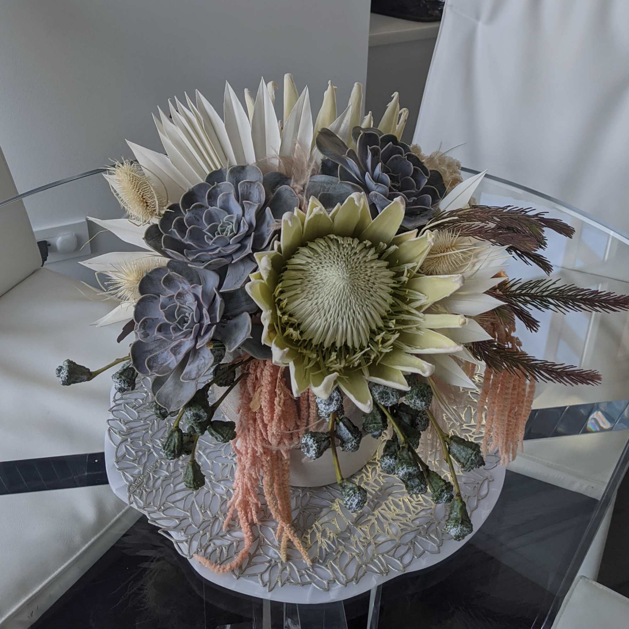 White king protea, giant Dutch Succulents, bleached and preserved ruscus, Amaranthus sun