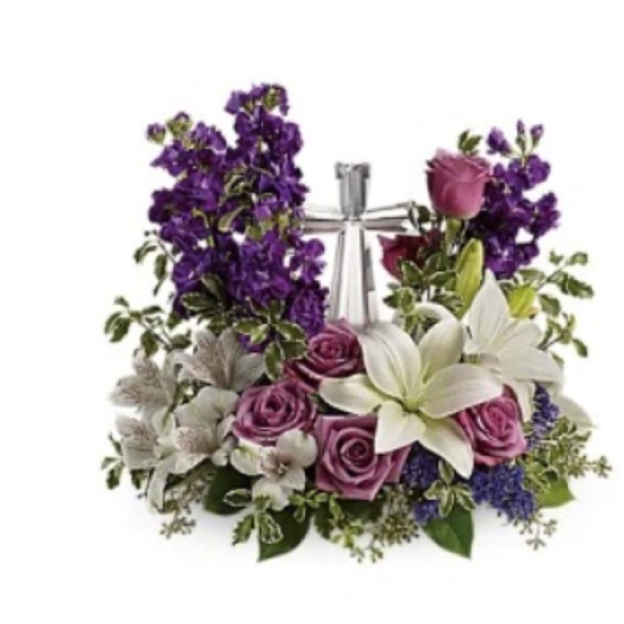 A bouquet to remember. This glorious garden of roses, lilies and alstroemeria