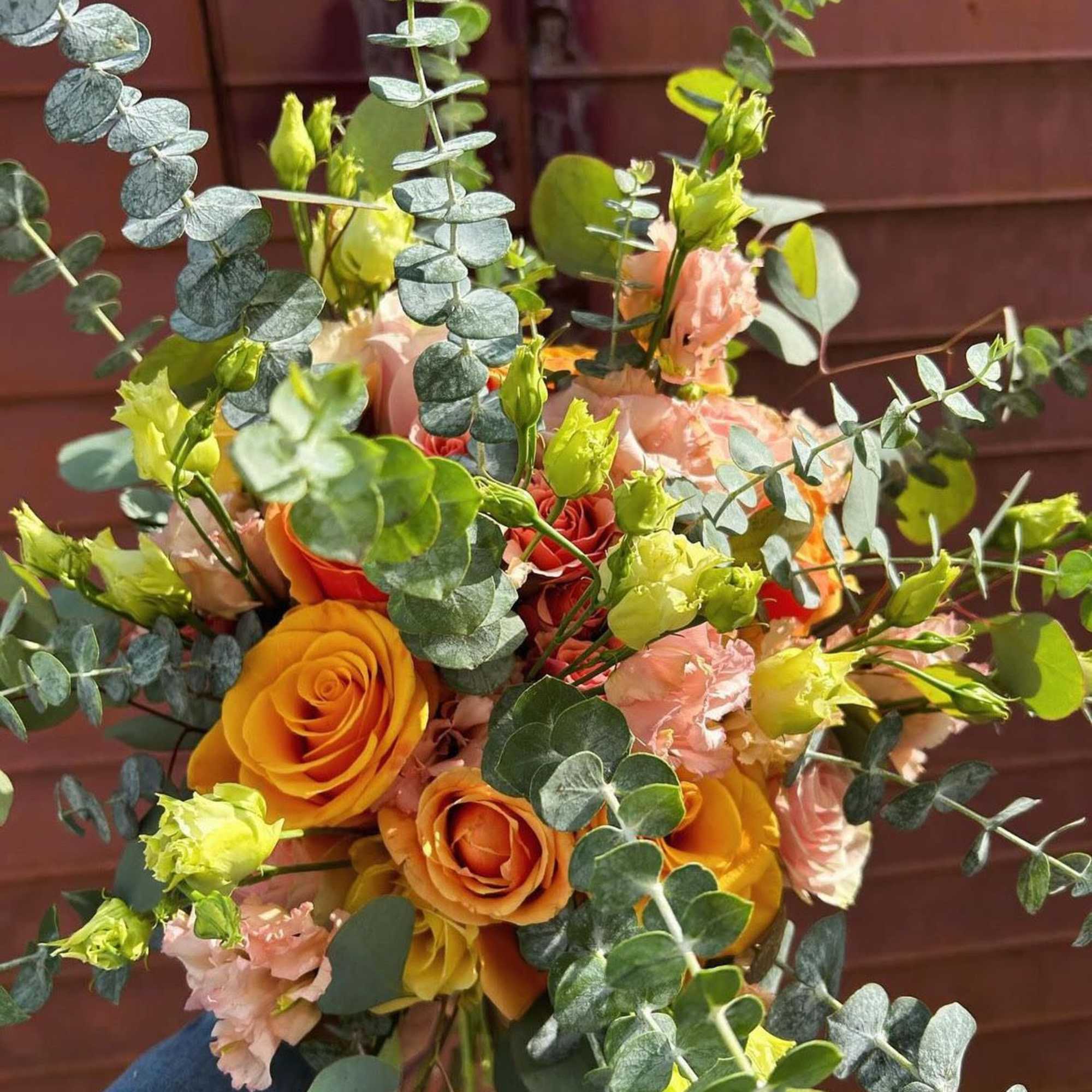 Multicolor roses, lisianthus, eucalyptus, 