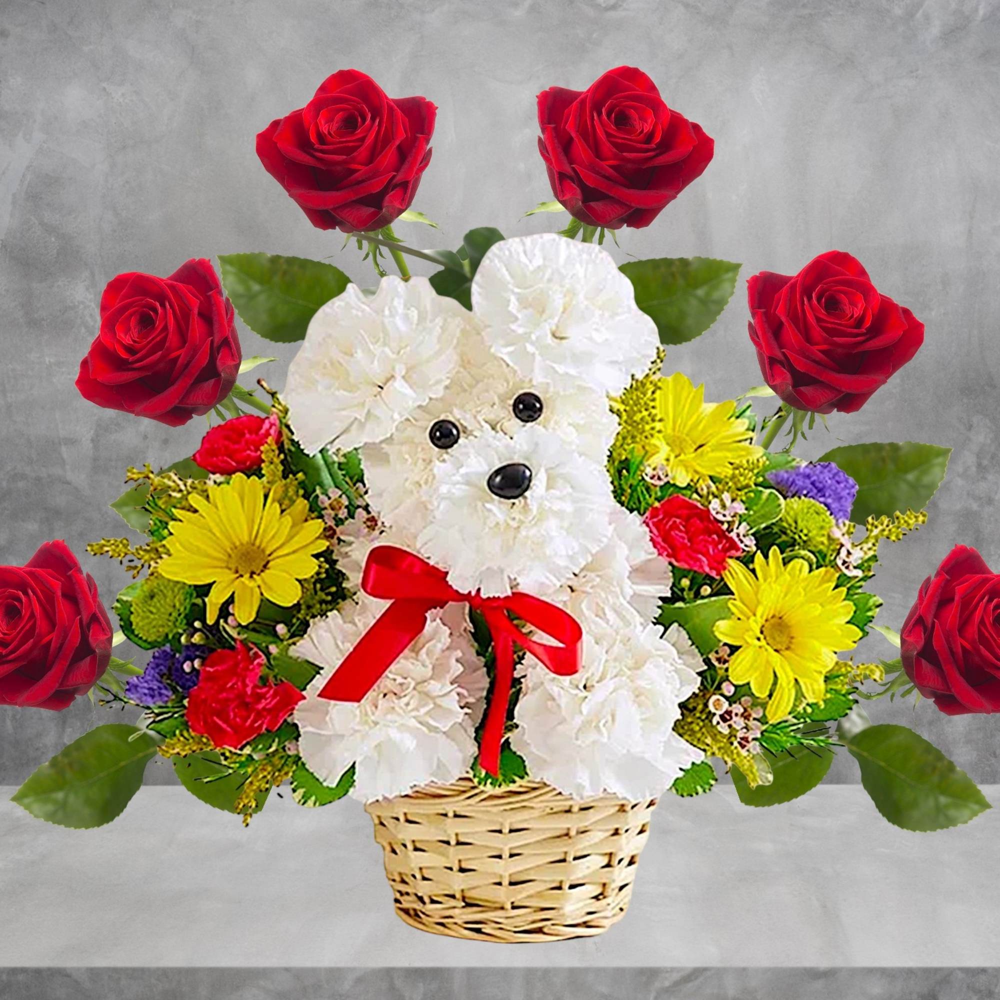 Unleash smiles with our DOG In a Basket arrangement! Hand-designed in a