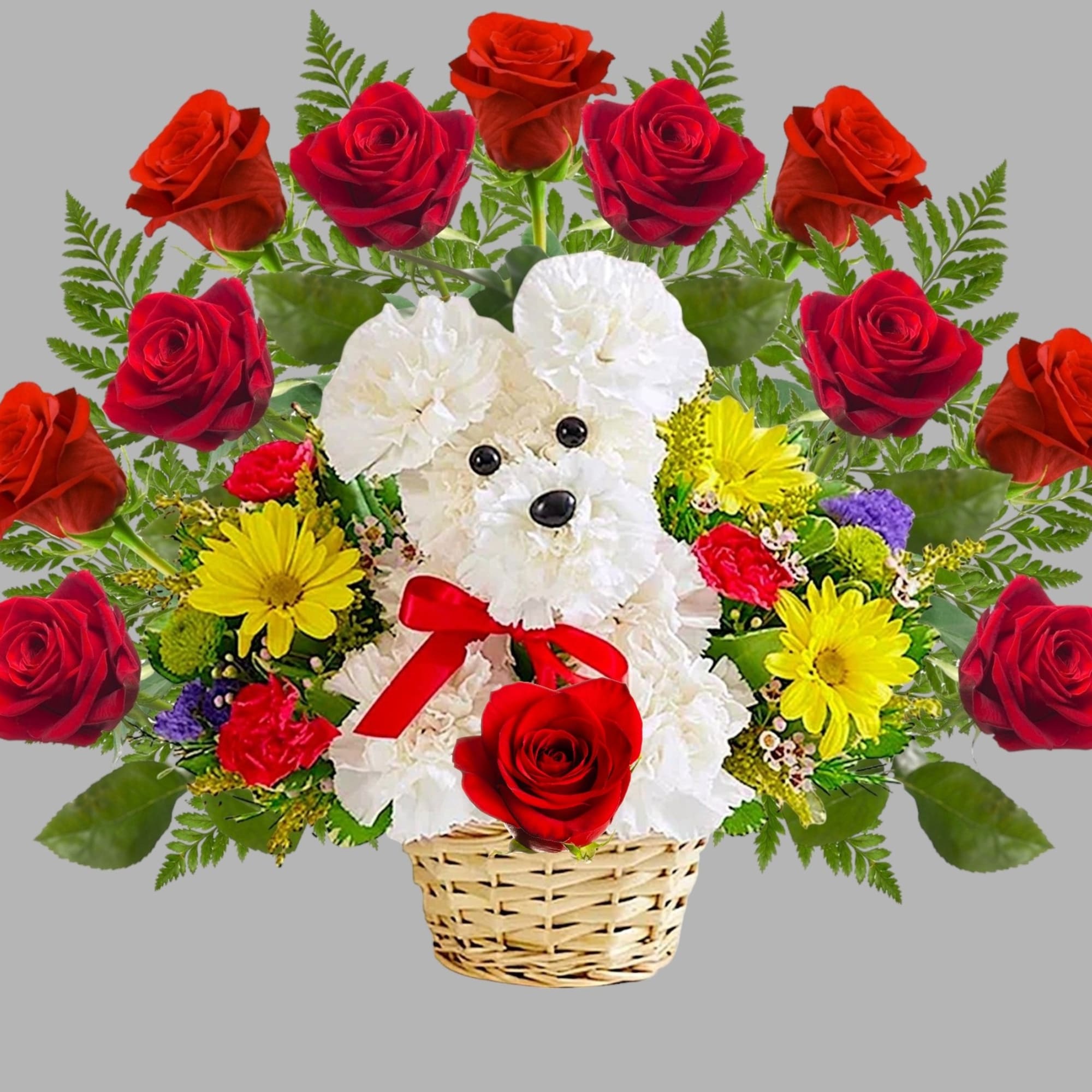 Unleash smiles with our DOG In a Basket arrangement! Hand-designed in a