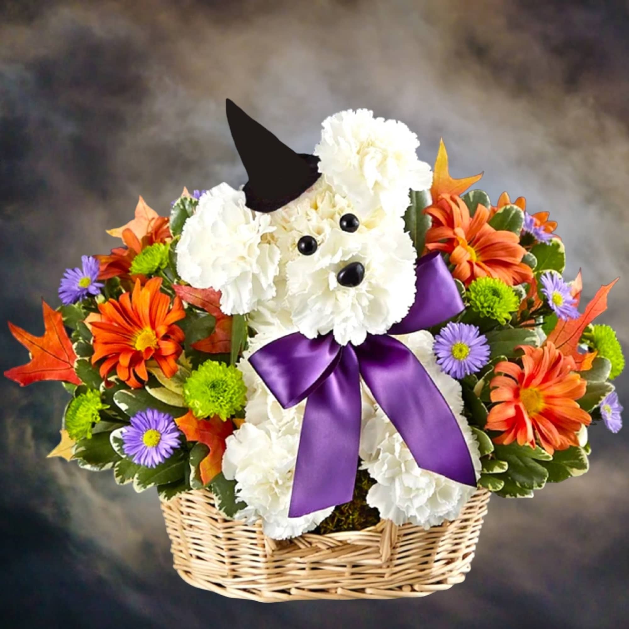 This fresh flower puppy will cast its spell this Halloween. Add a