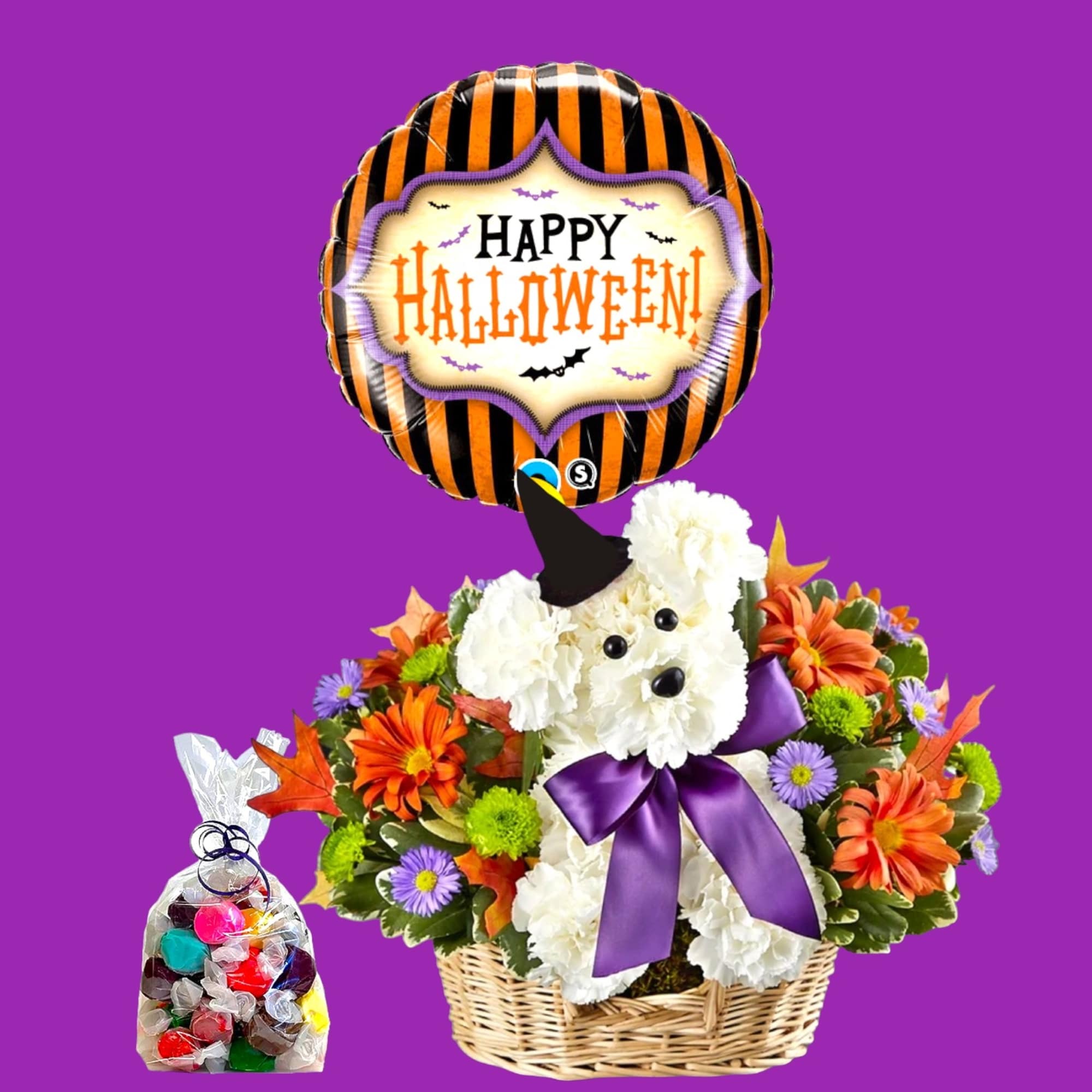 This fresh flower puppy will cast its spell this Halloween. Add a