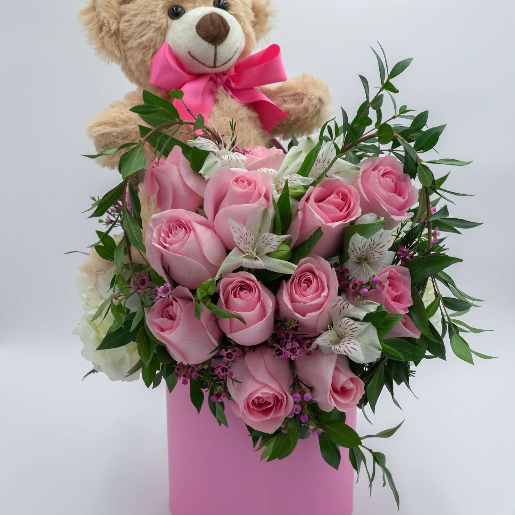 One Dozen Pink Roses with a Bear  One Dozen Pink Roses with a Bear
