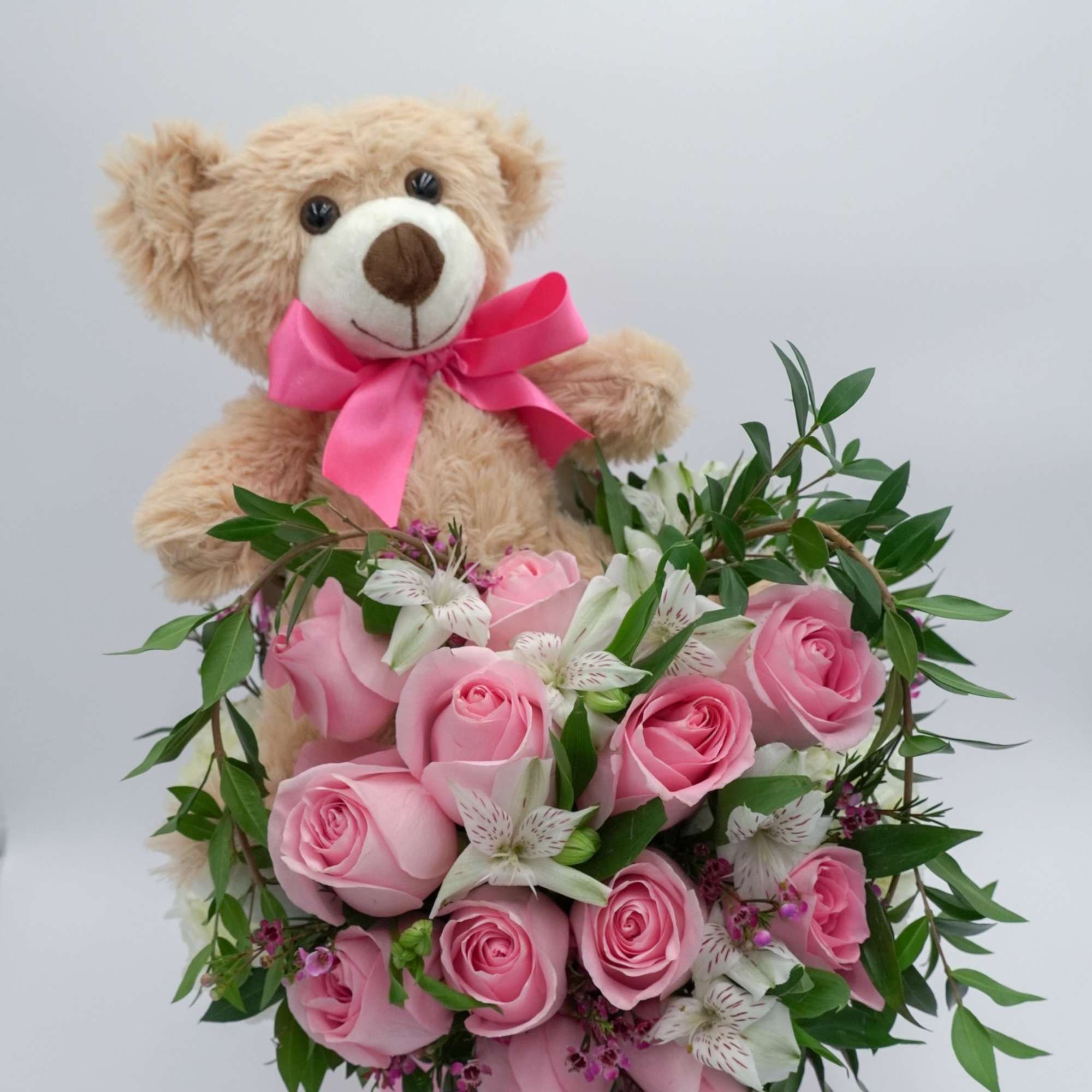 One Dozen Pink Roses with a Bear  One Dozen Pink Roses with a Bear
