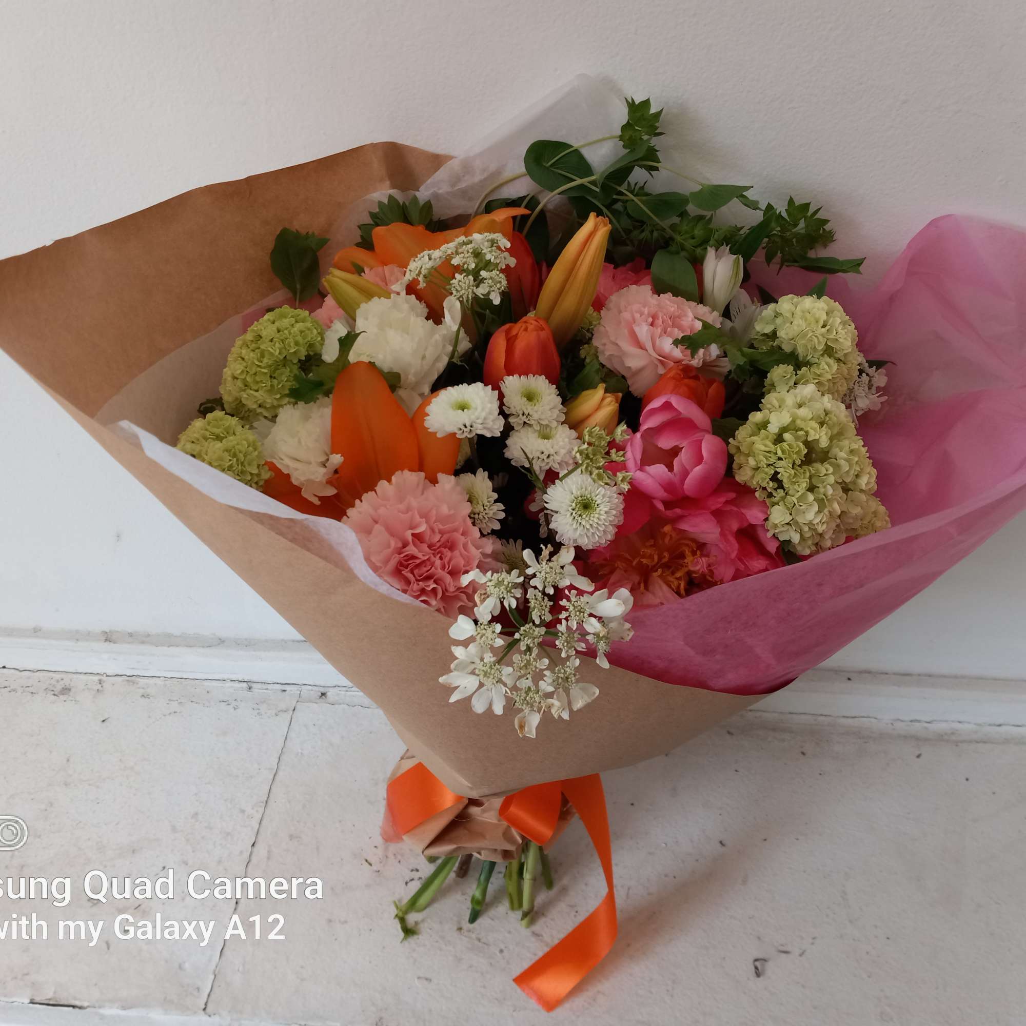 Beautiful blush &amp; orange/.pink mix of peach peonies, orange lilies, pink and