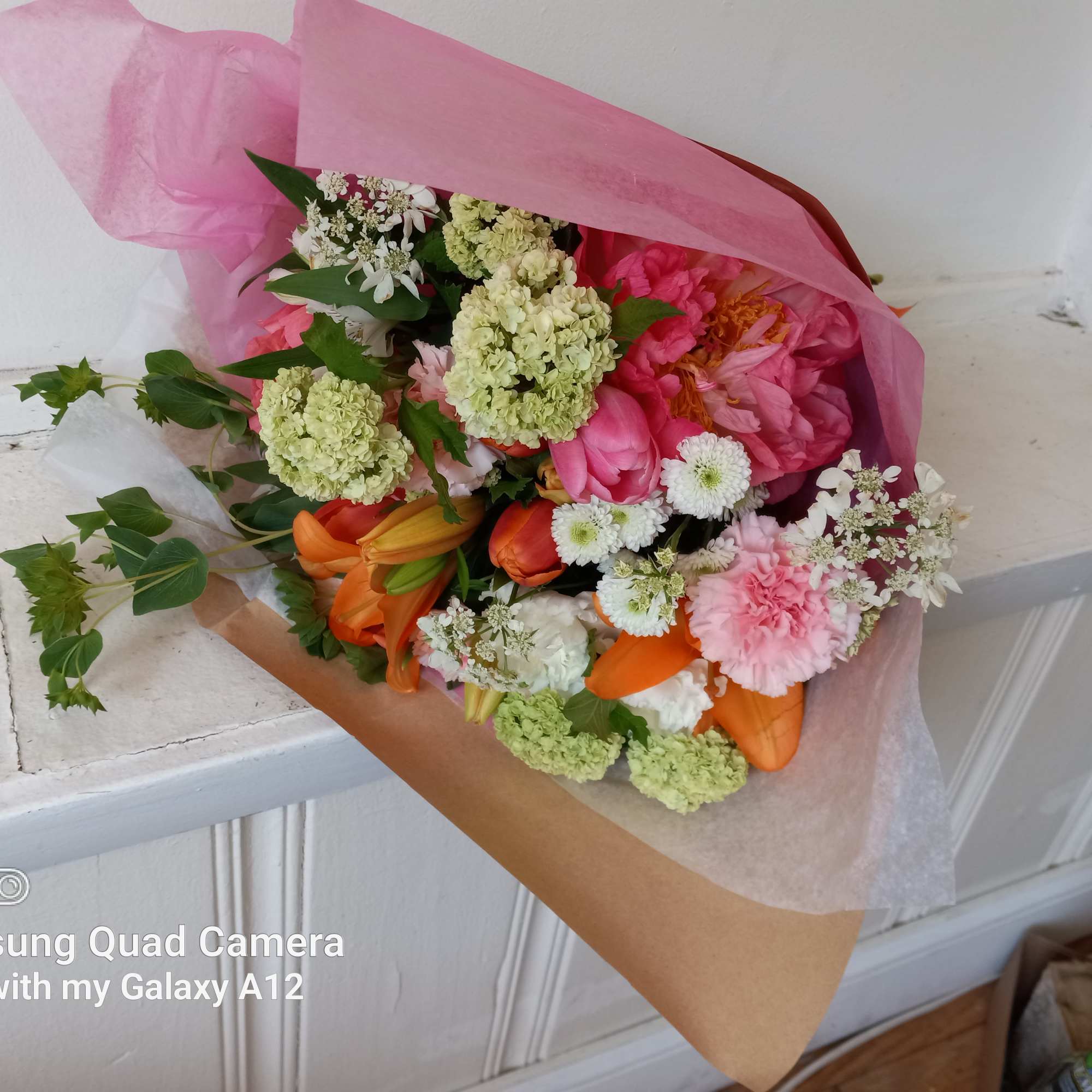 Beautiful blush &amp; orange/.pink mix of peach peonies, orange lilies, pink and