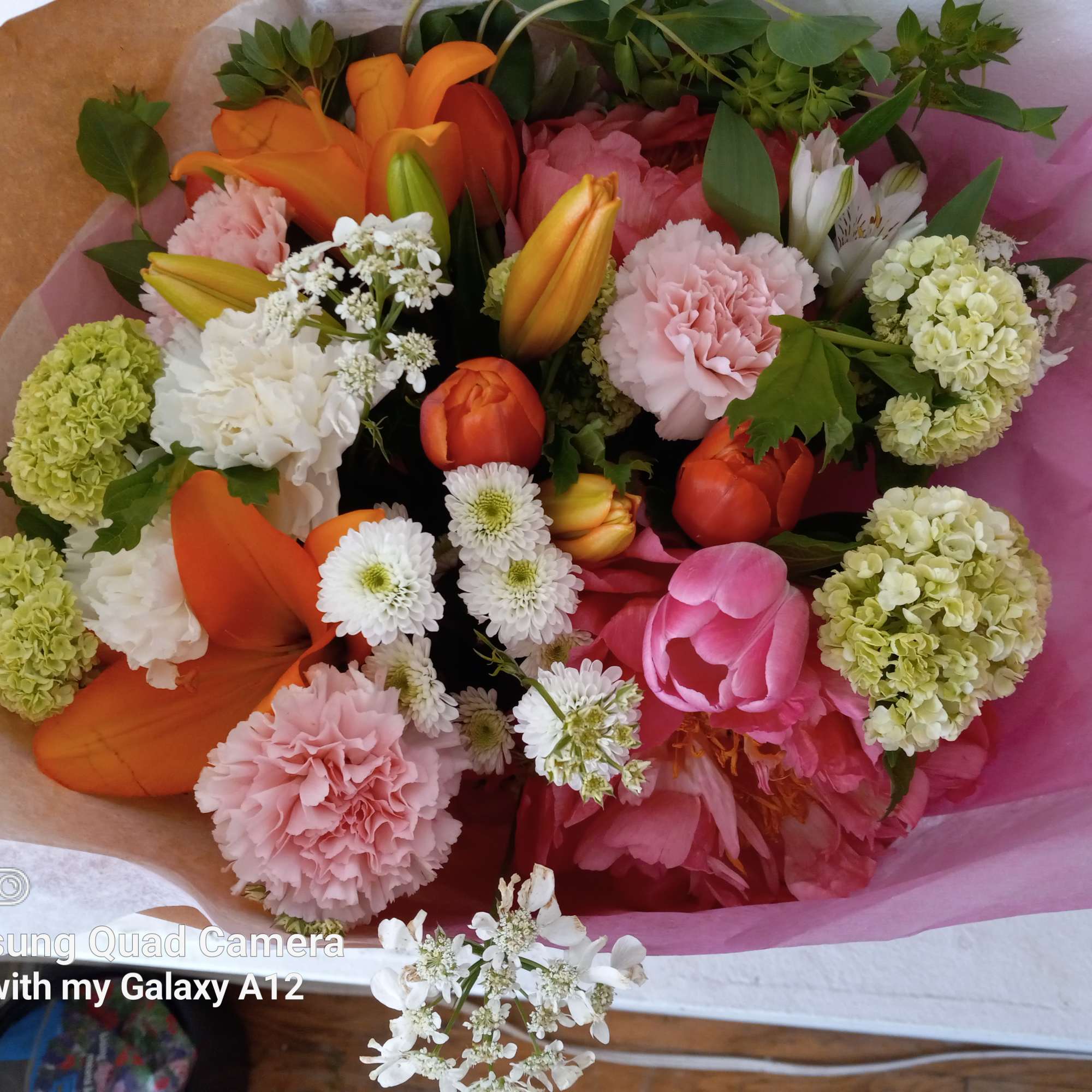 Beautiful blush &amp; orange/.pink mix of peach peonies, orange lilies, pink and
