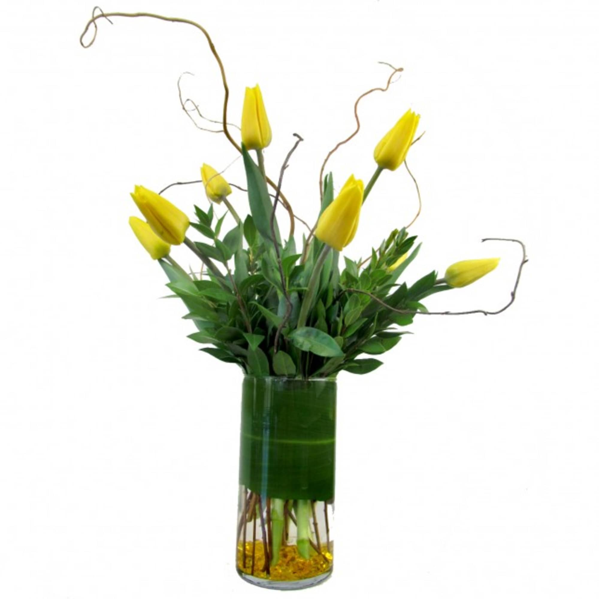 Order a bouquet of Yellow Tulips hand-arranged in a clear glass vase