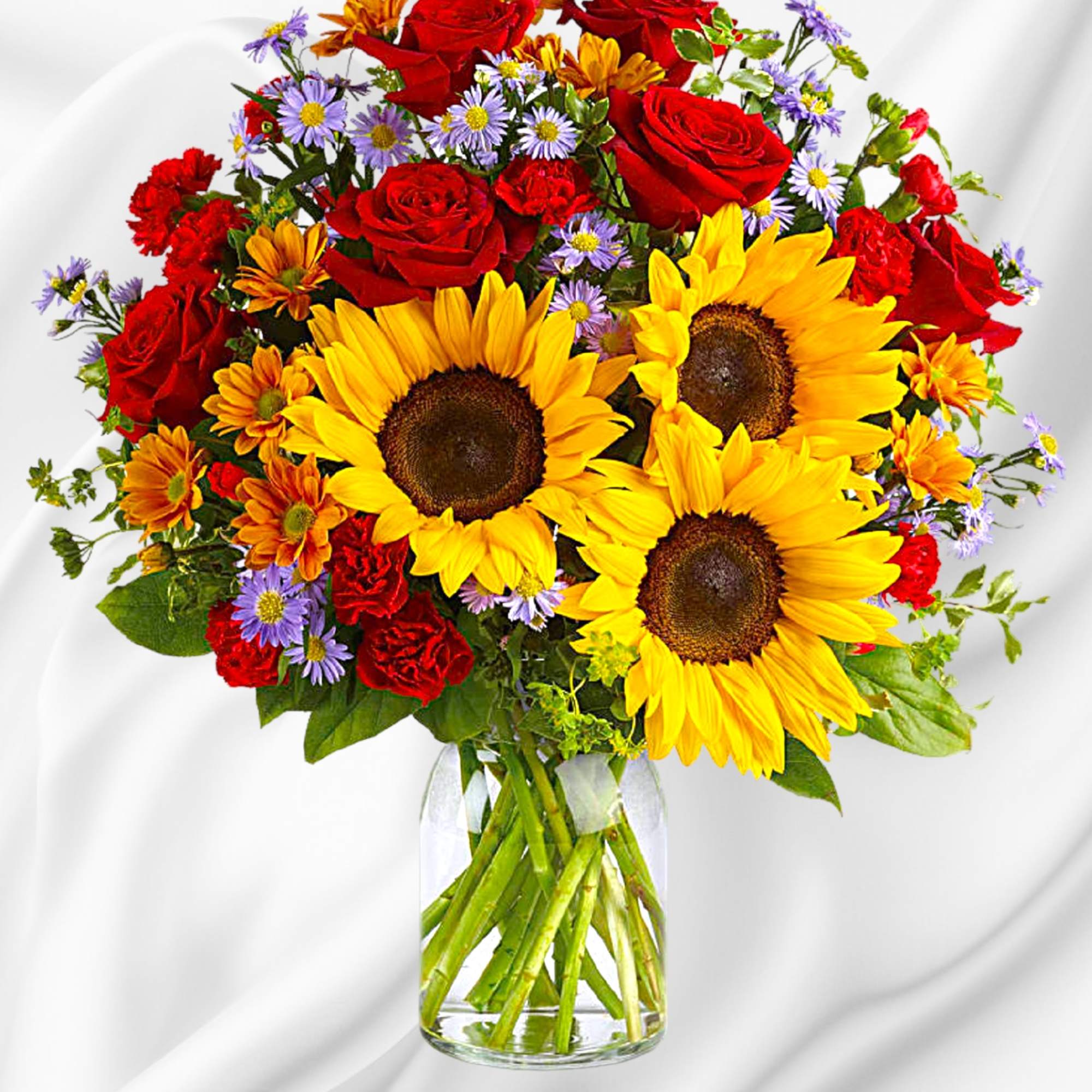 A sunny sunflower arrangement gets an autumnal spin with the addition of