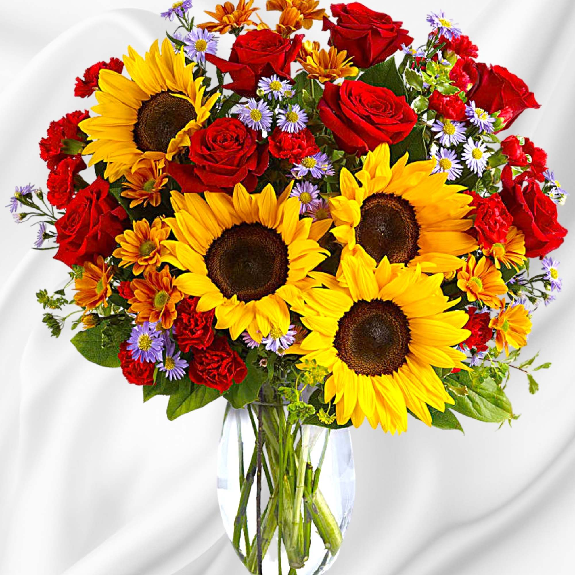 A sunny sunflower arrangement gets an autumnal spin with the addition of