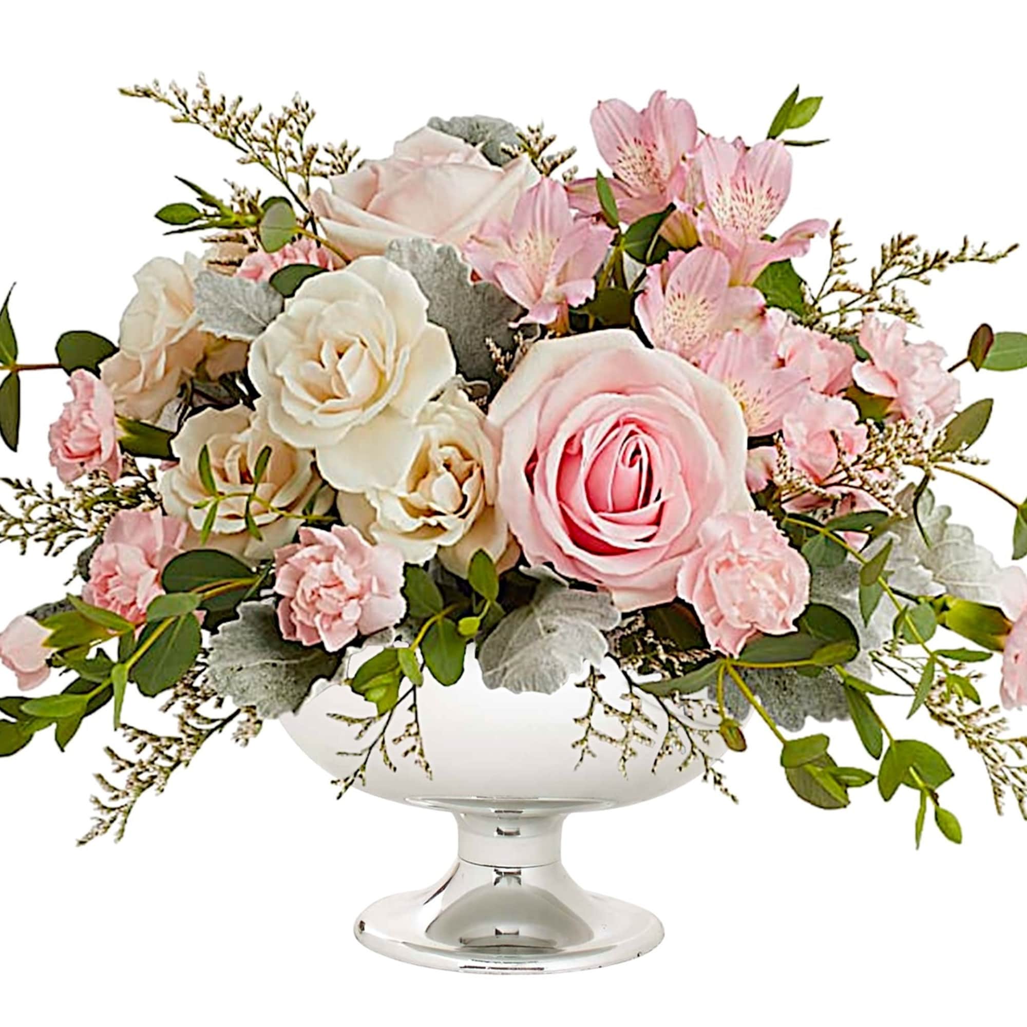 Illuminate love with embracing soft pastel shimmer and cradling an exquisite arrangement