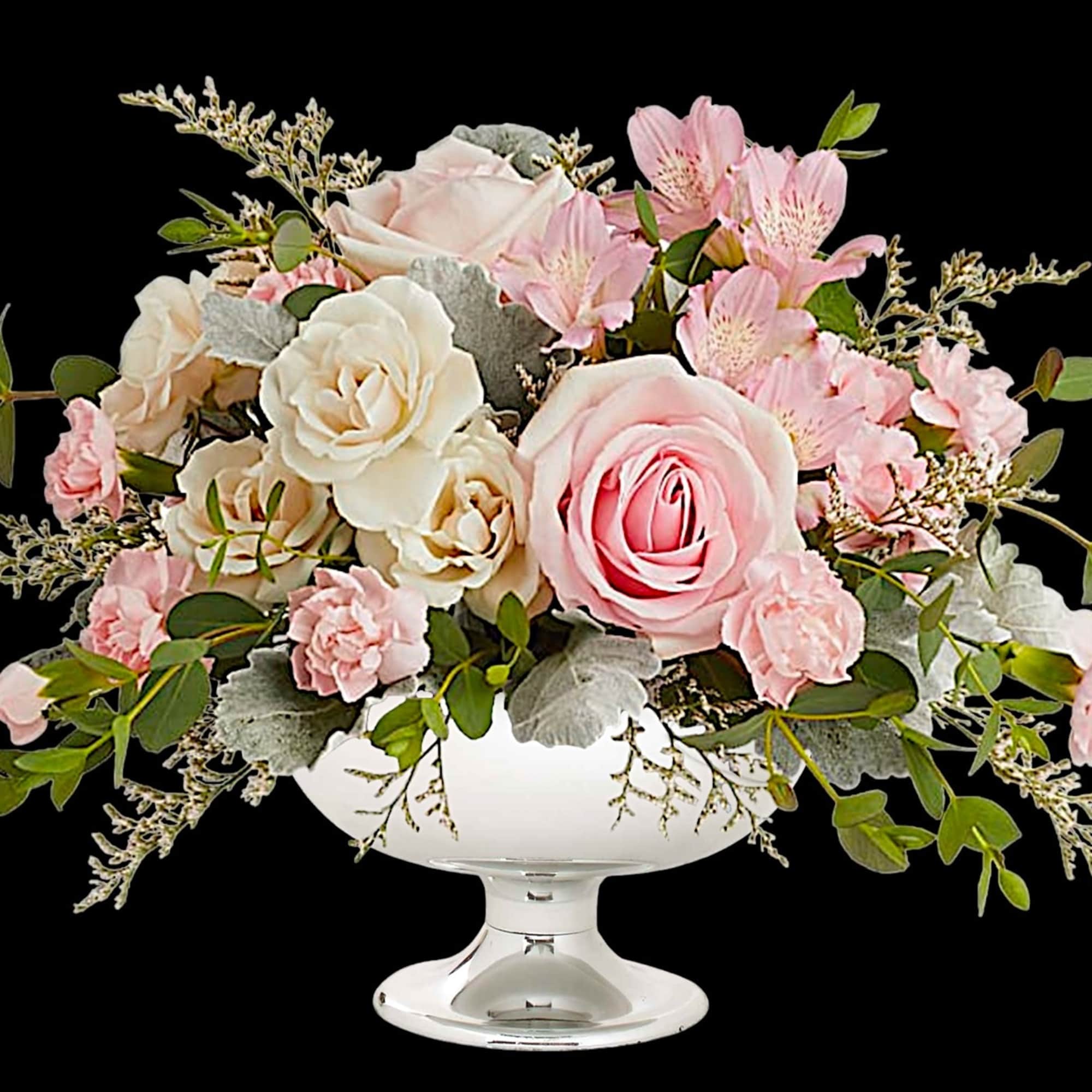 Illuminate love with embracing soft pastel shimmer and cradling an exquisite arrangement