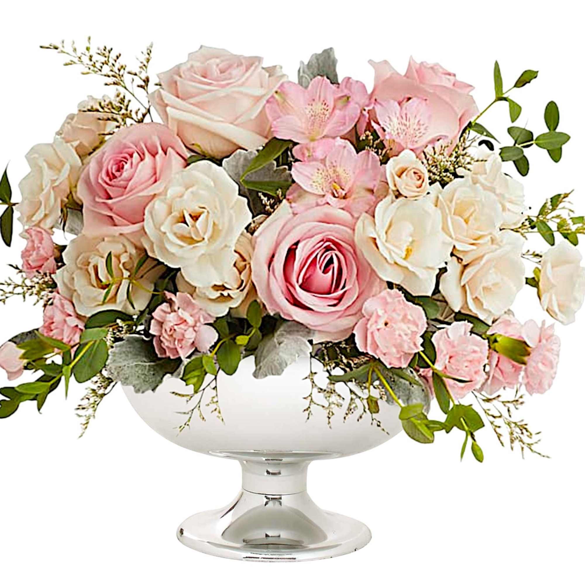 Illuminate love with embracing soft pastel shimmer and cradling an exquisite arrangement