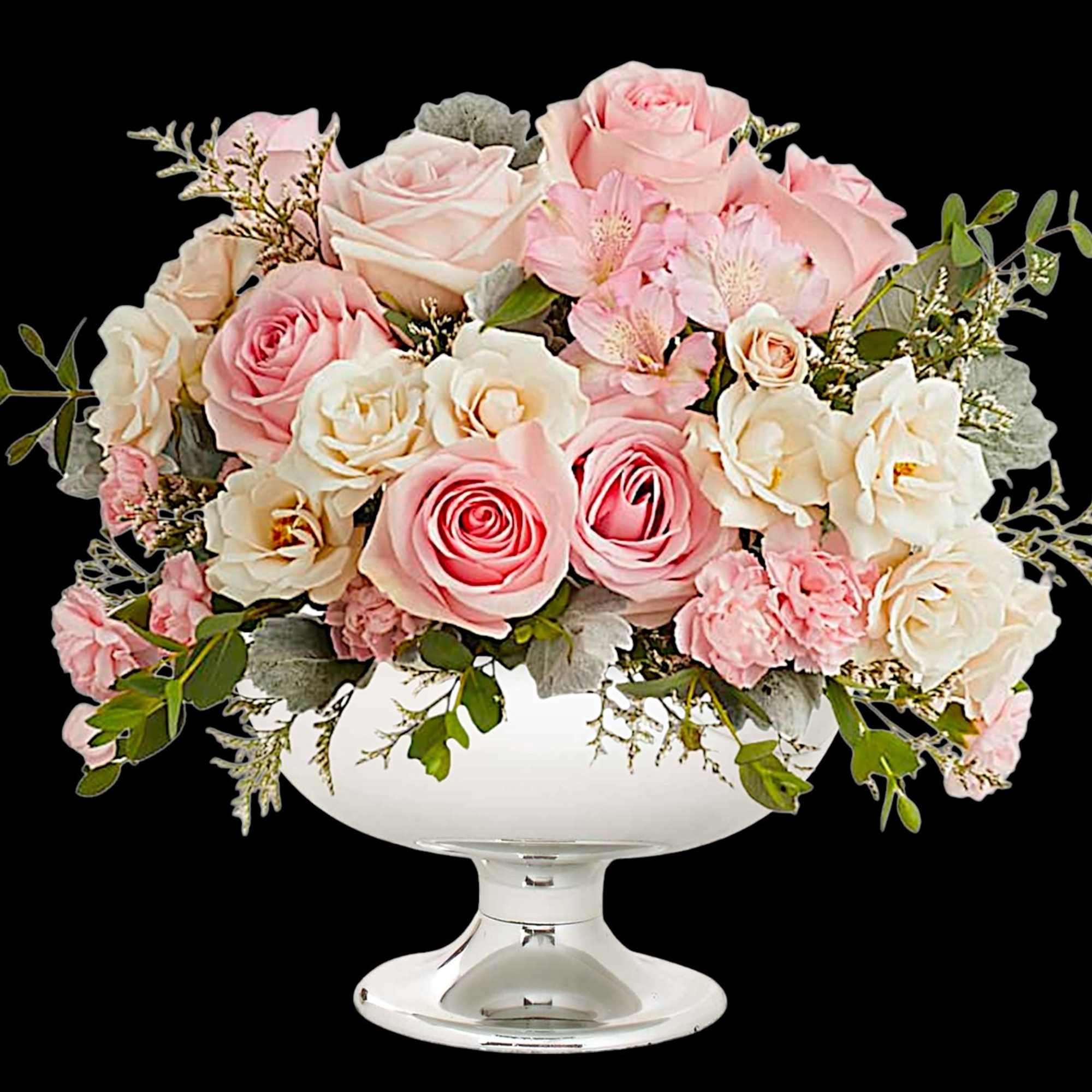 Illuminate love with embracing soft pastel shimmer and cradling an exquisite arrangement