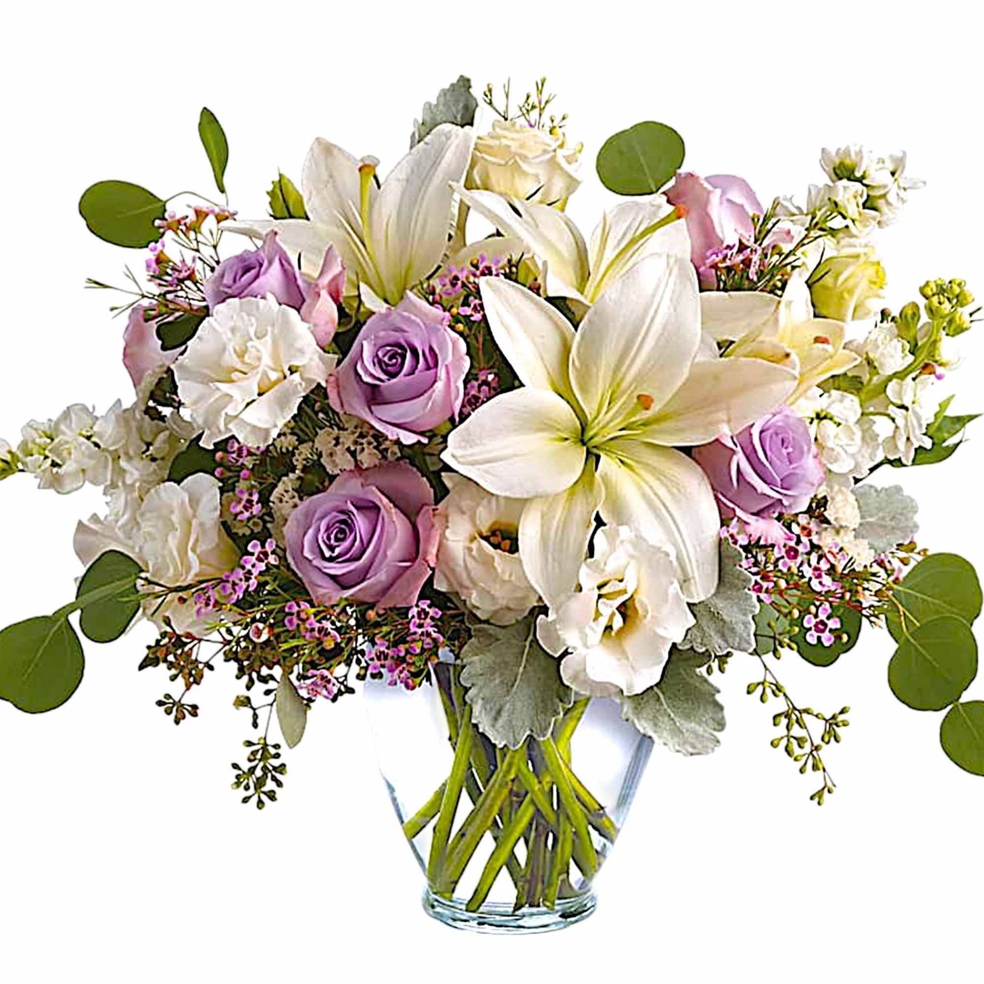 Luxe in love! Pale lavender roses, creamy white lilies and delicate greens