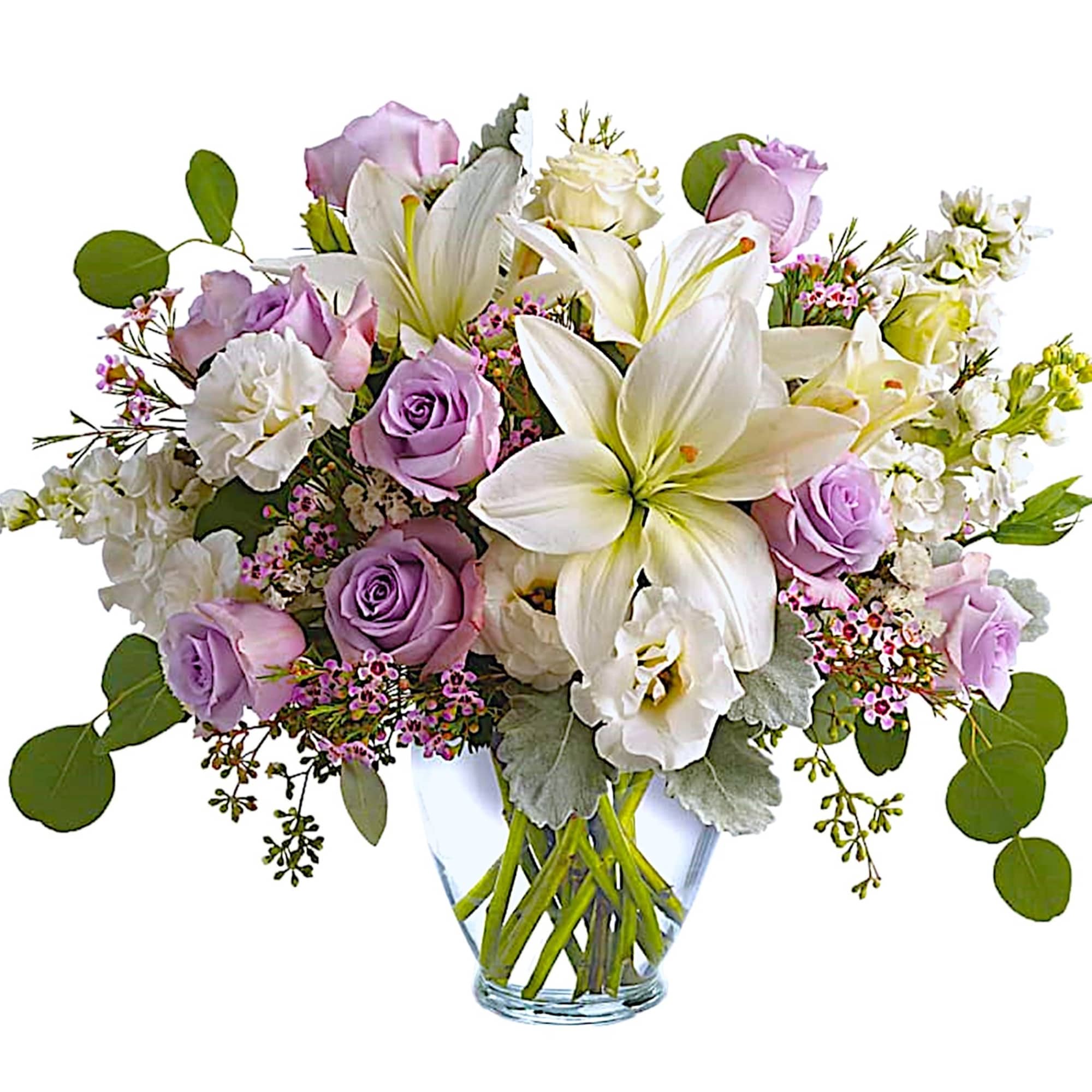Luxe in love! Pale lavender roses, creamy white lilies and delicate greens