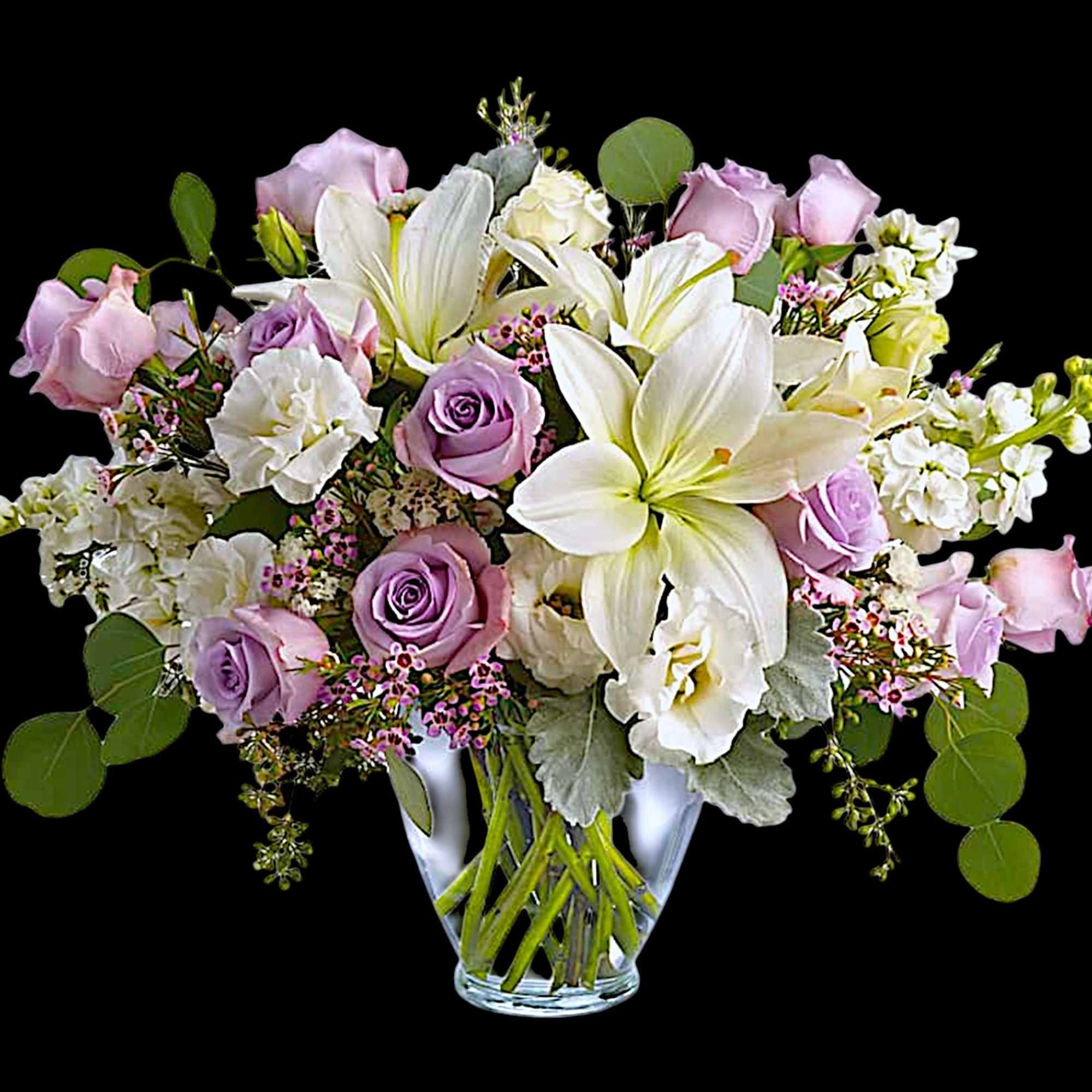 Luxe in love! Pale lavender roses, creamy white lilies and delicate greens