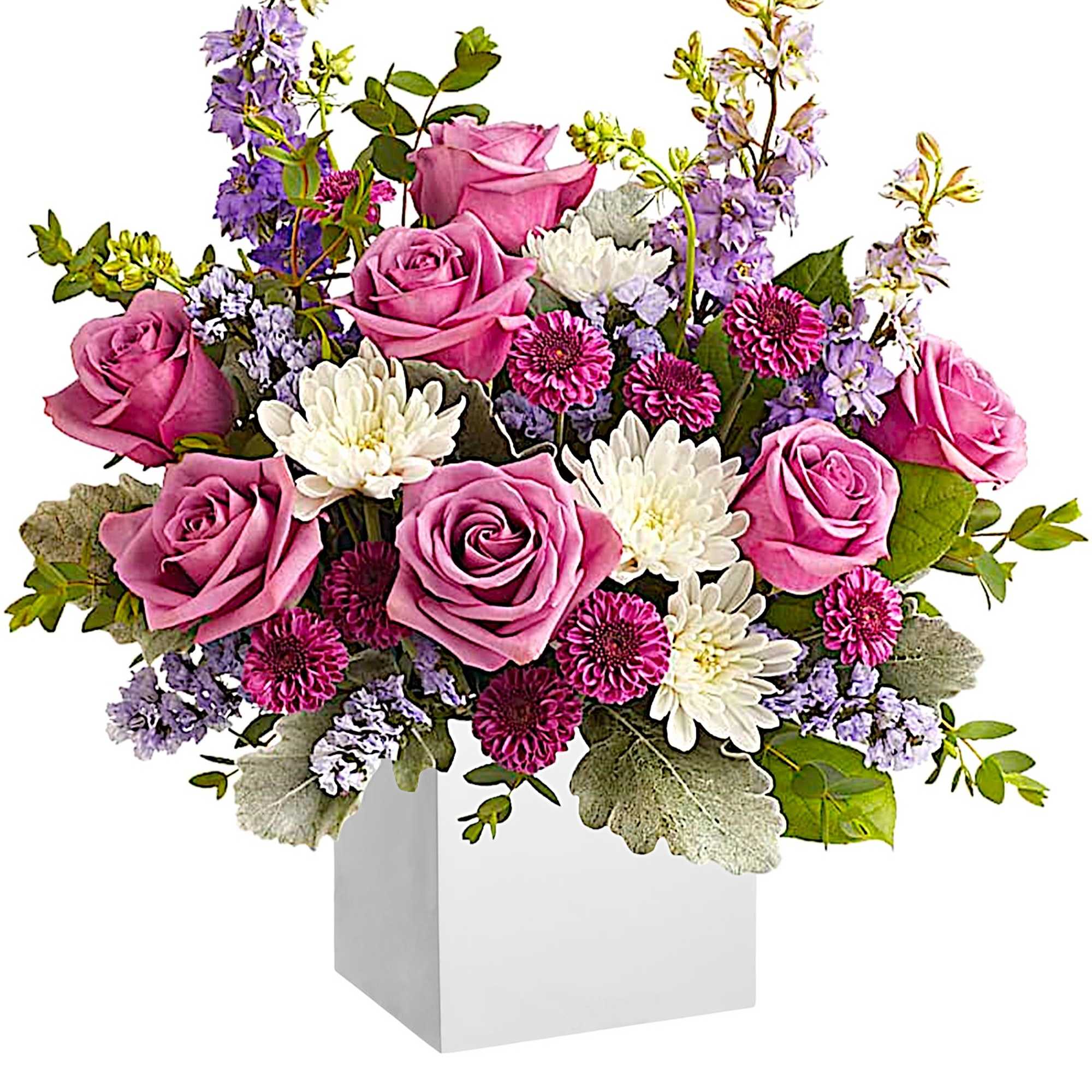 A playful spin on the classic rose arrangement, these lovely lavender blooms